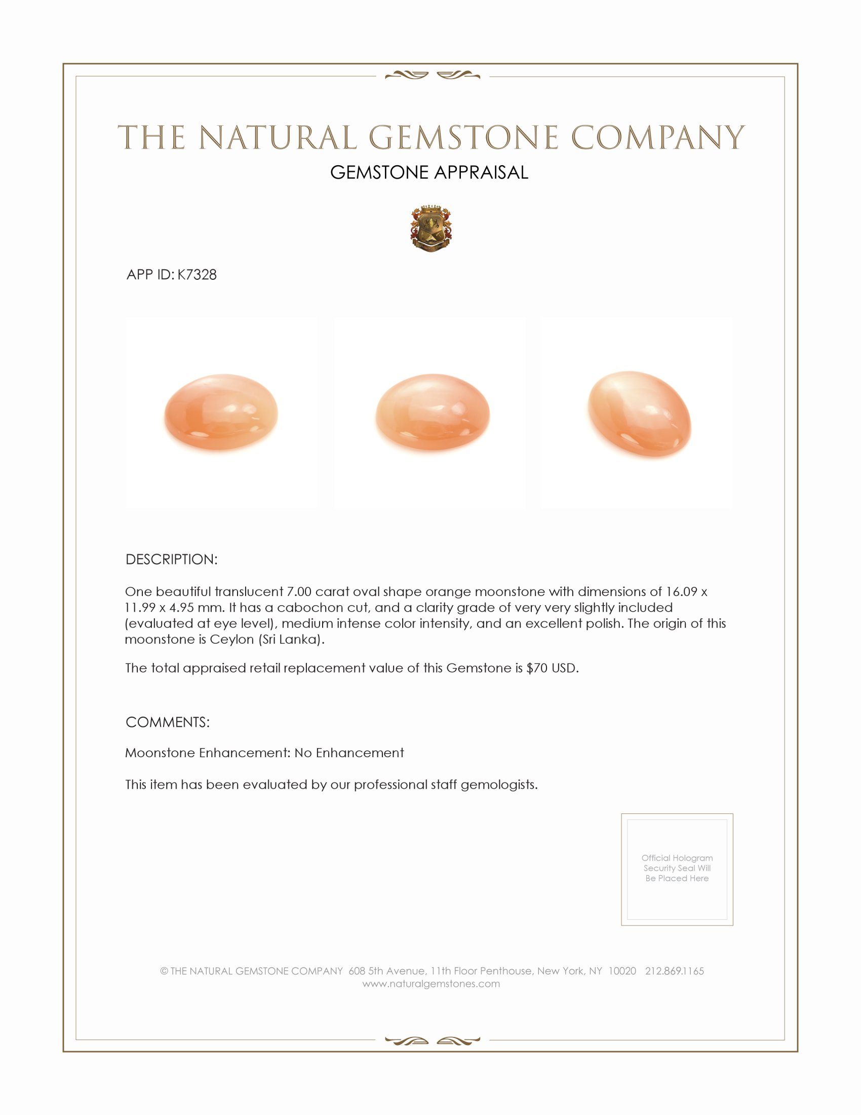 7.00 Ct. Cabochon Moonstone from Ceylon (Sri Lanka)