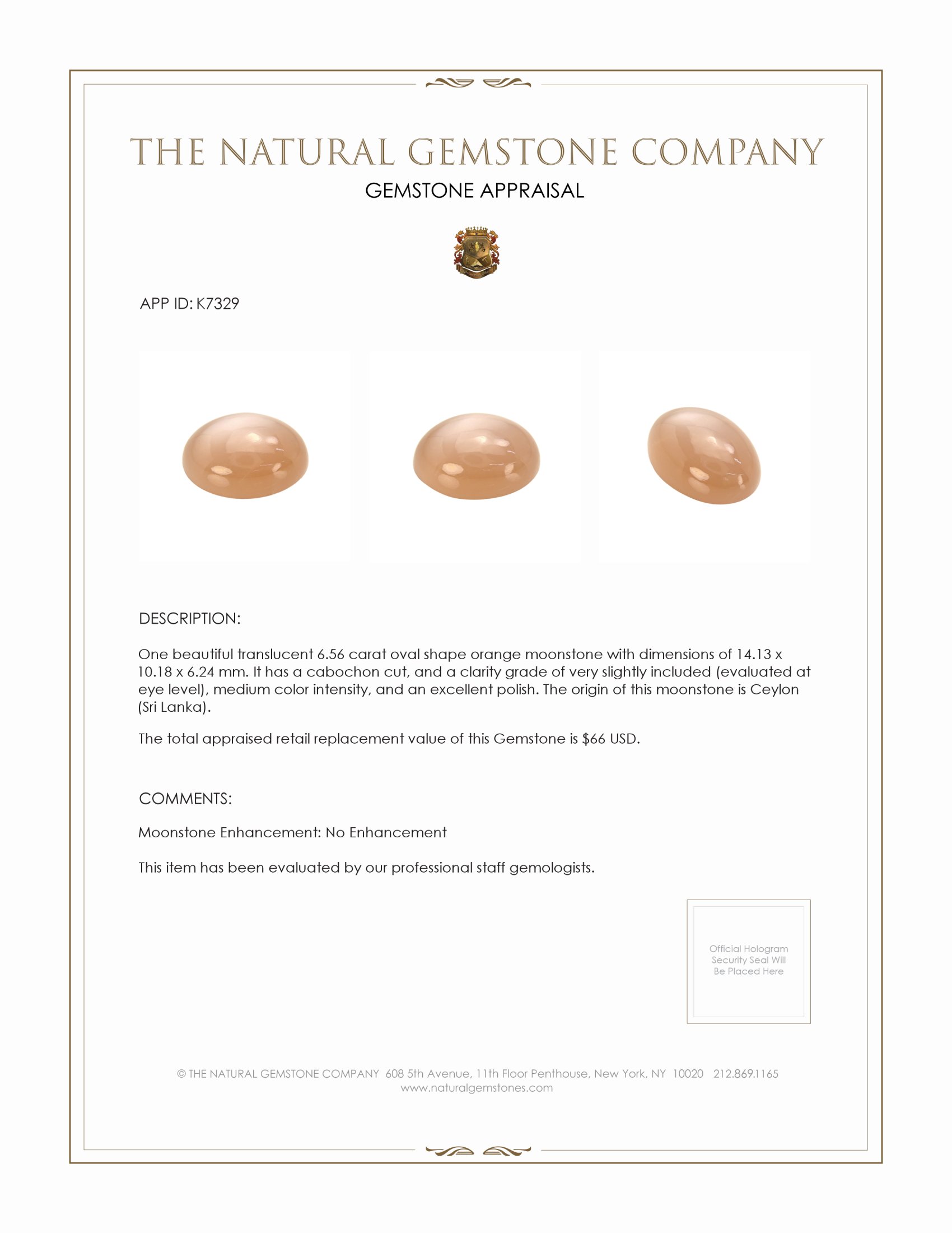 6.56 Ct. Cabochon Moonstone from Ceylon (Sri Lanka)