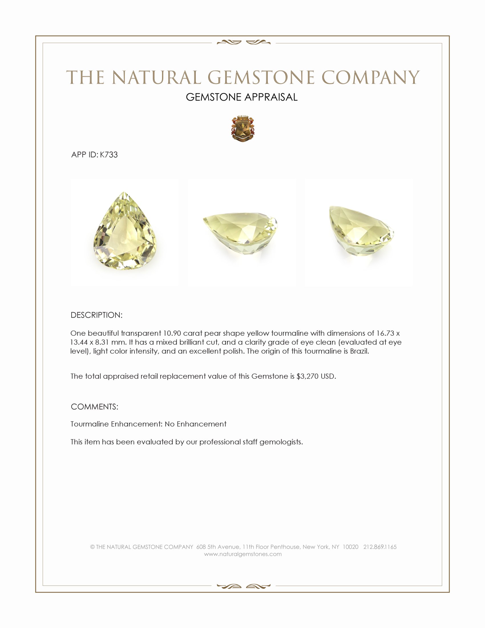 10.90 Ct. Yellow Tourmaline from Brazil