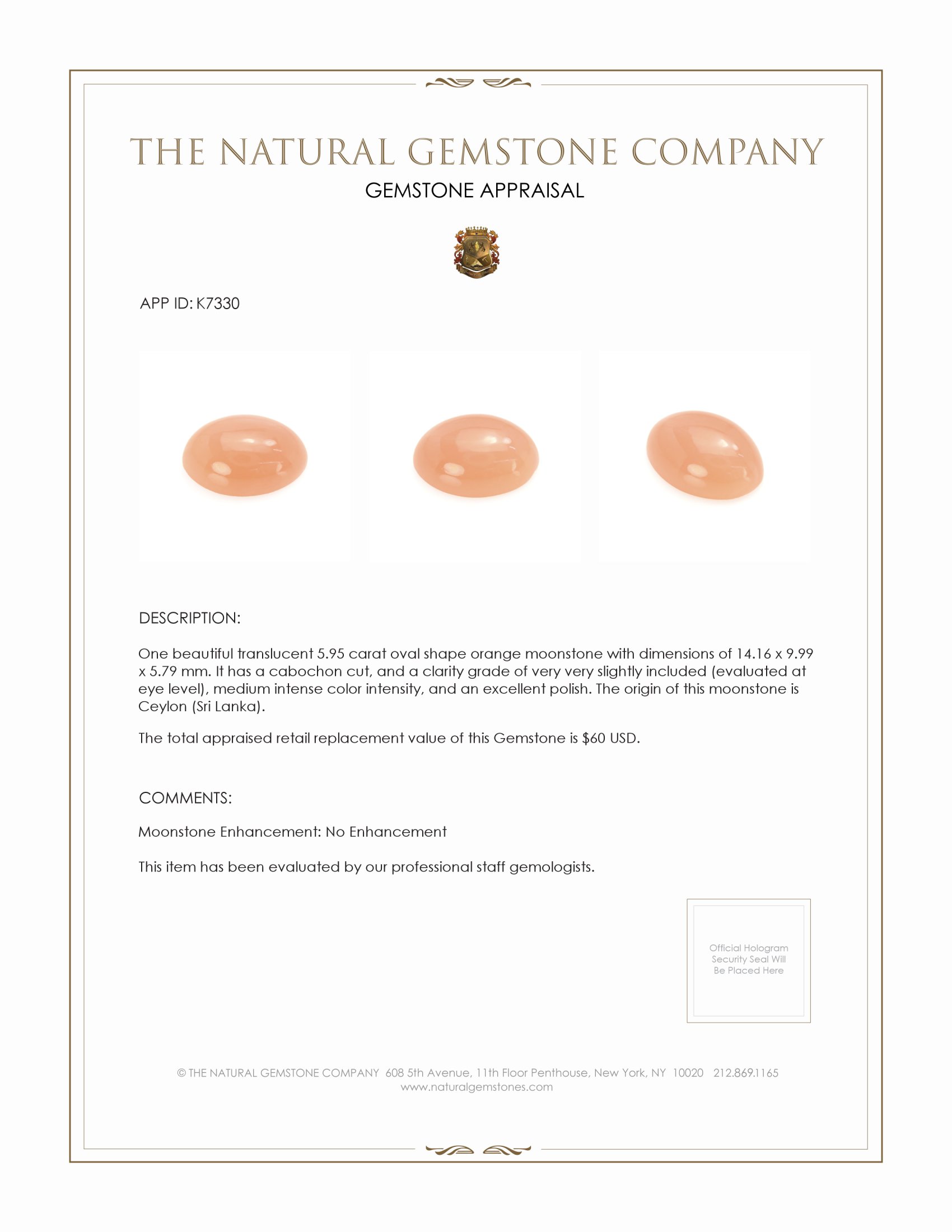 5.95 Ct. Cabochon Moonstone from Ceylon (Sri Lanka)