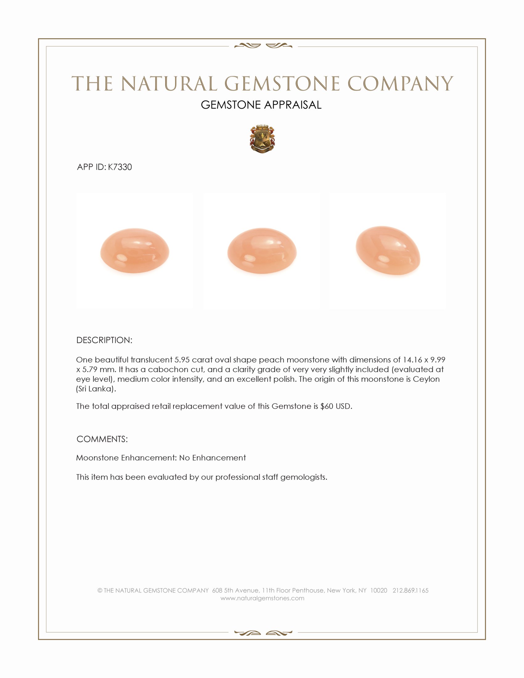 5.95 Ct. Cabochon Moonstone from Ceylon (Sri Lanka)