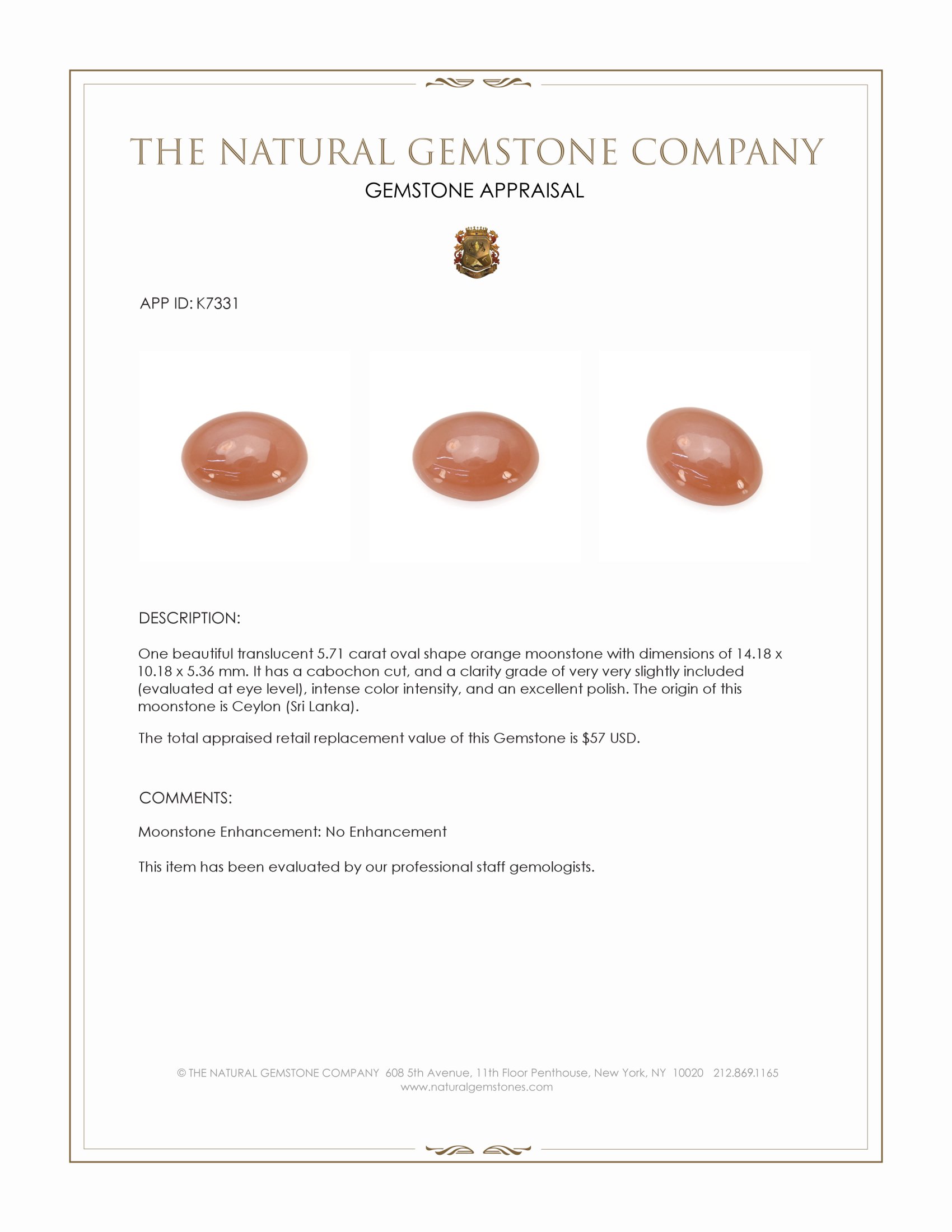 5.71 Ct. Cabochon Moonstone from Ceylon (Sri Lanka)