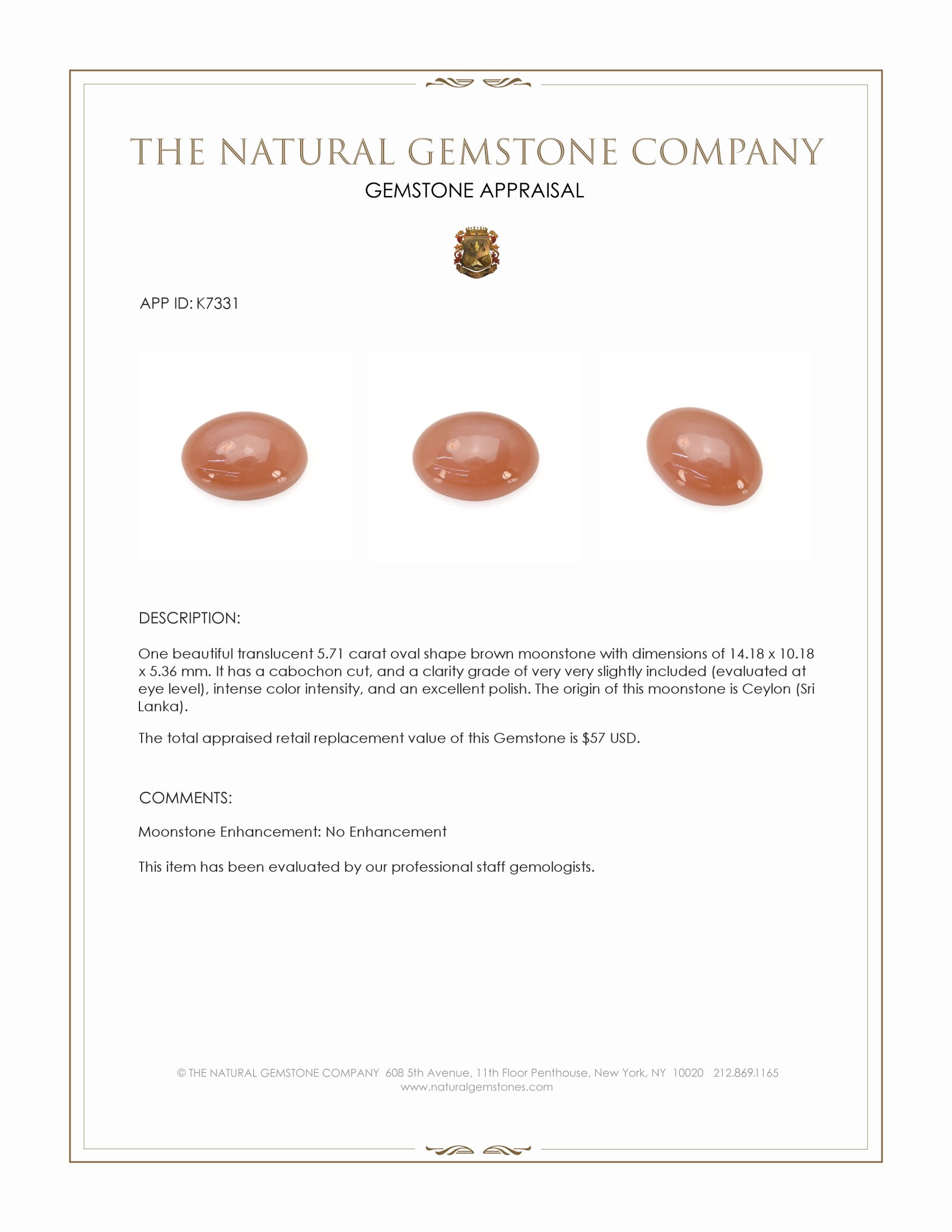 5.71 Ct. Cabochon Moonstone from Ceylon (Sri Lanka)