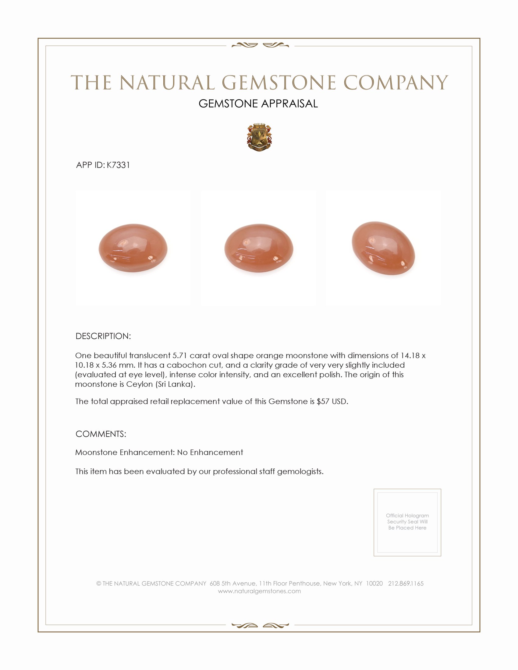 5.71 Ct. Cabochon Moonstone from Ceylon (Sri Lanka)