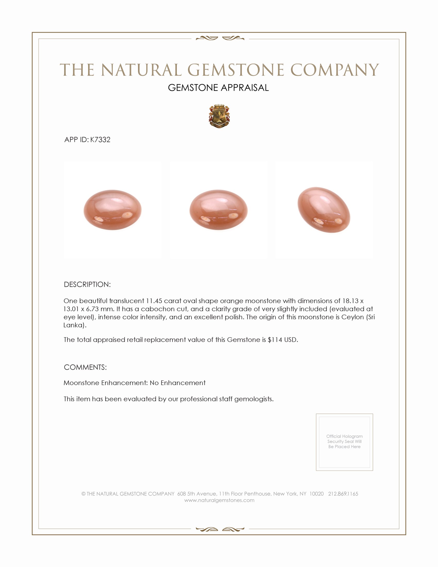 11.45 Ct. Cabochon Moonstone from Ceylon (Sri Lanka)