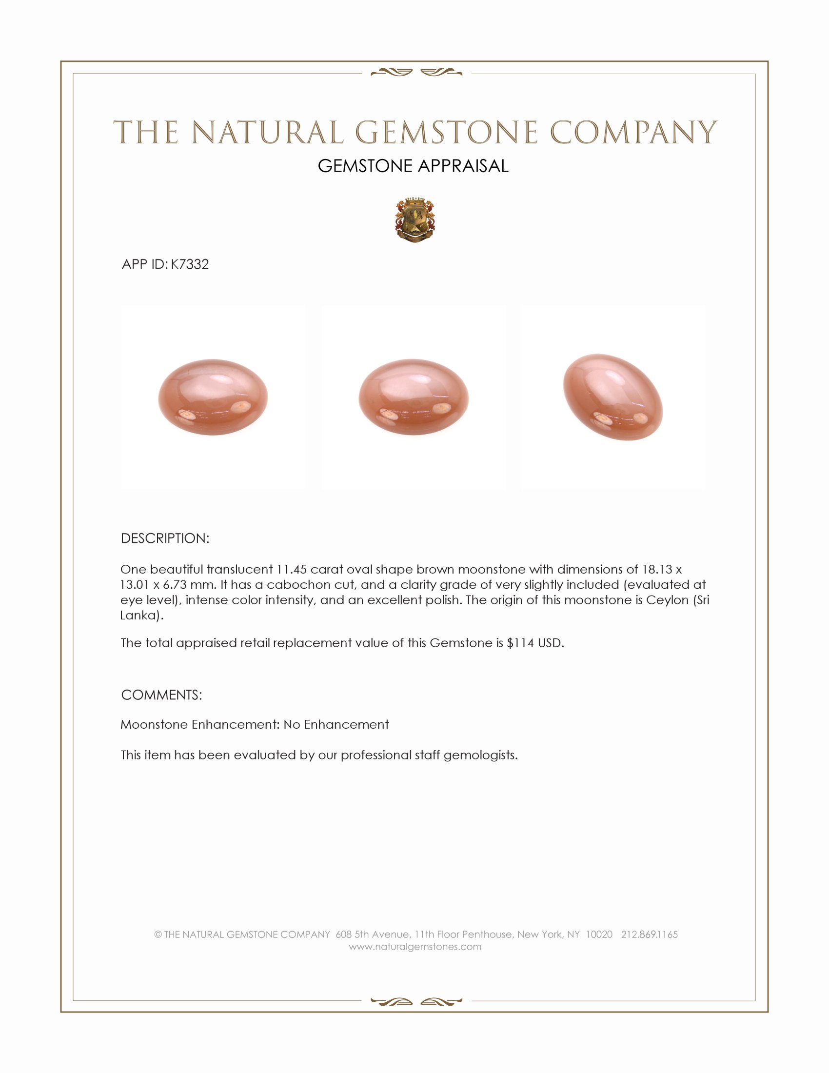 11.45 Ct. Brown Cabochon Moonstone from Ceylon (Sri Lanka)