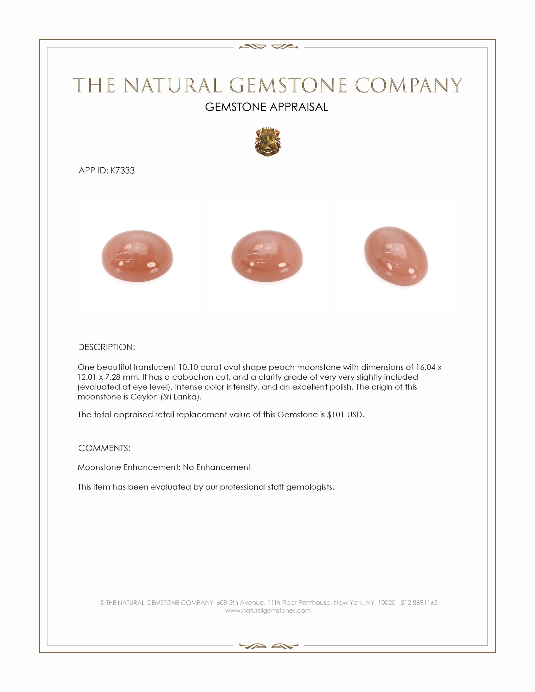 10.10 Ct. Peach Cabochon Moonstone from Ceylon (Sri Lanka)