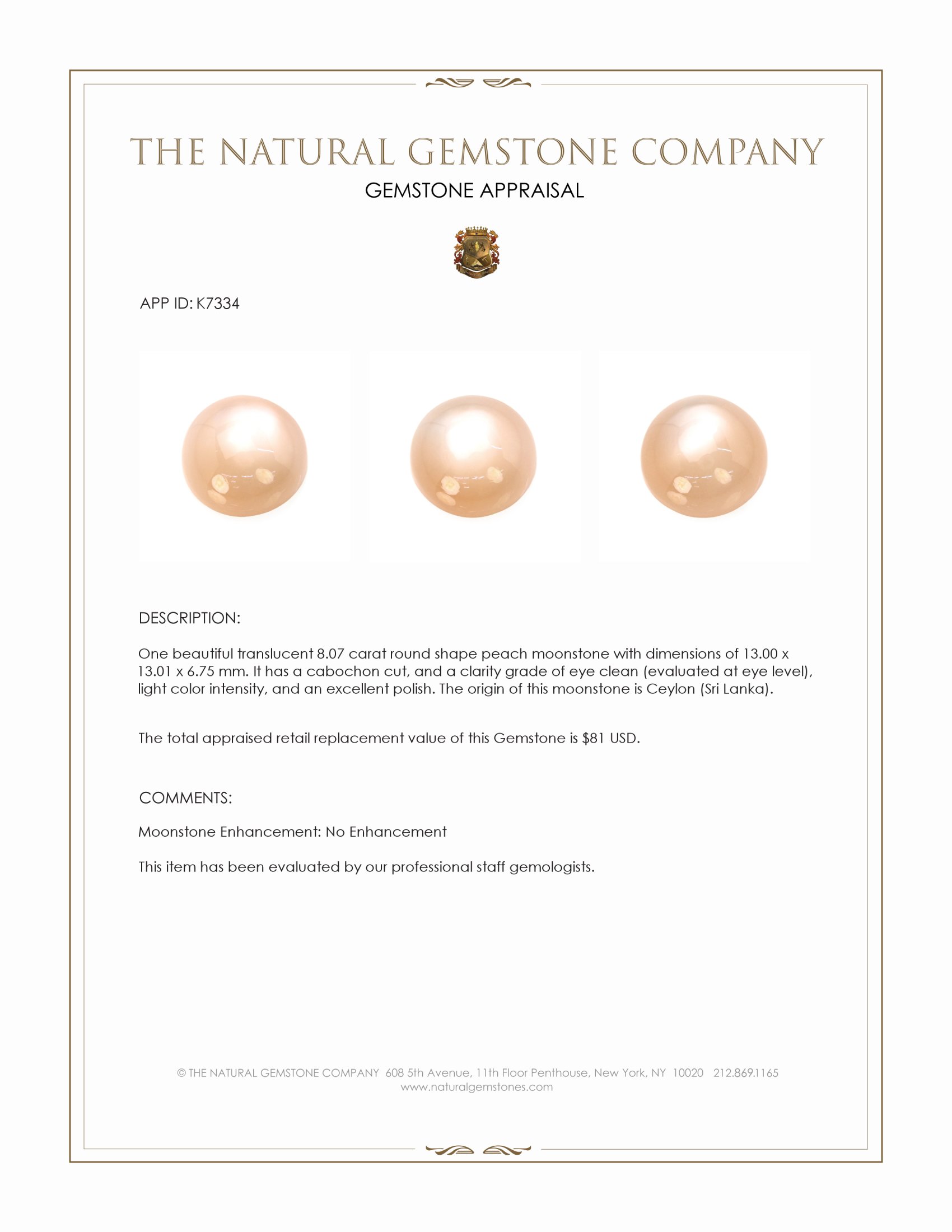 8.07 Ct. Peach Cabochon Moonstone from Ceylon (Sri Lanka)