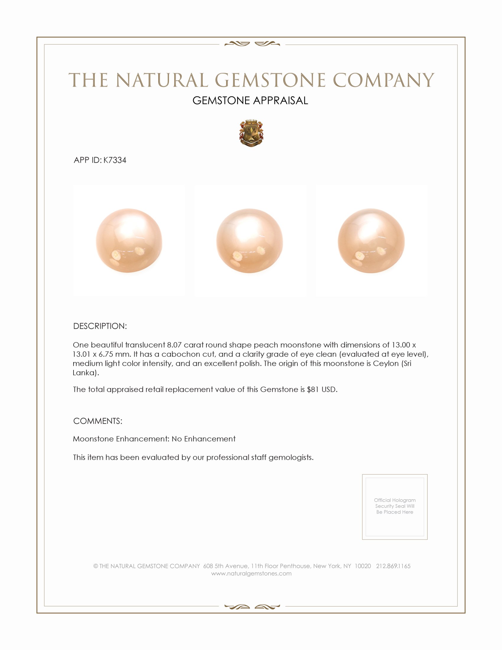 8.07 Ct. Cabochon Moonstone from Ceylon (Sri Lanka)