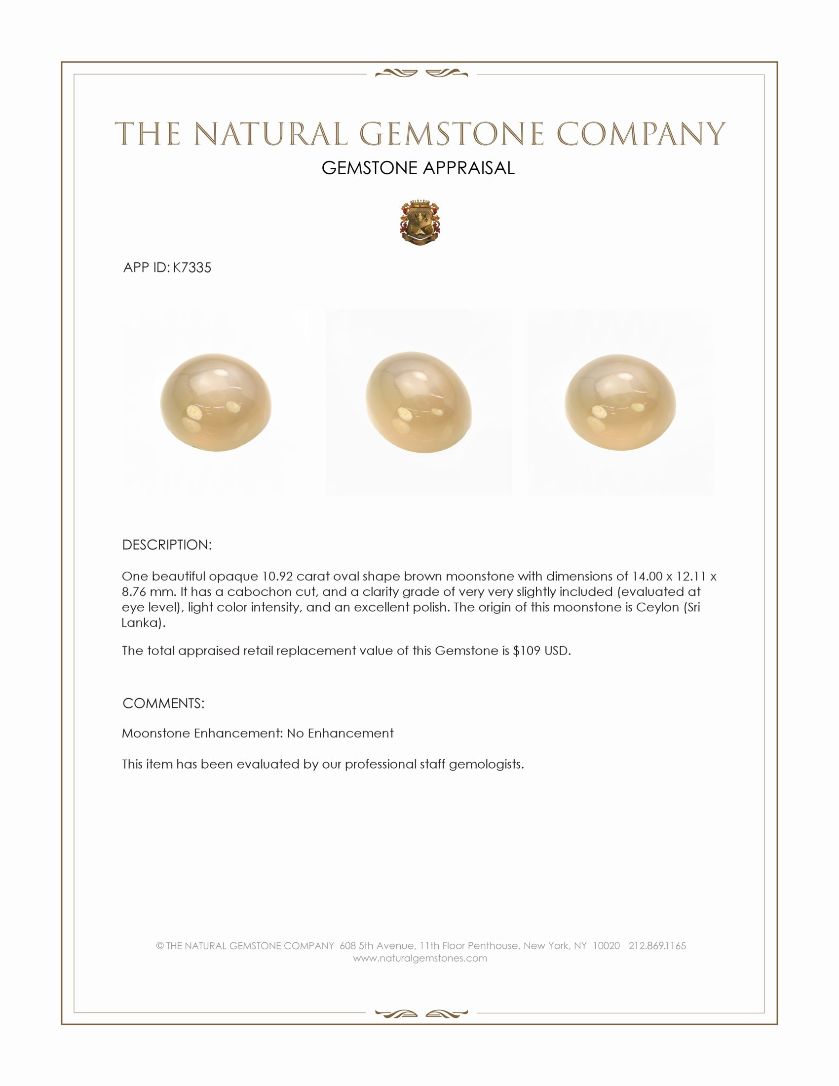 10.92 Ct. Cabochon Moonstone from Ceylon (Sri Lanka)