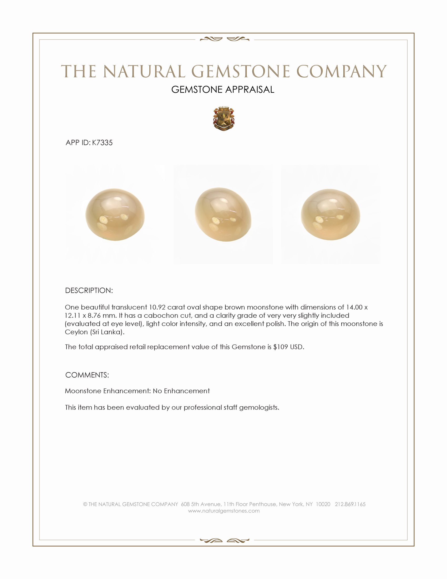 10.92 Ct. Brown Cabochon Moonstone from Ceylon (Sri Lanka)