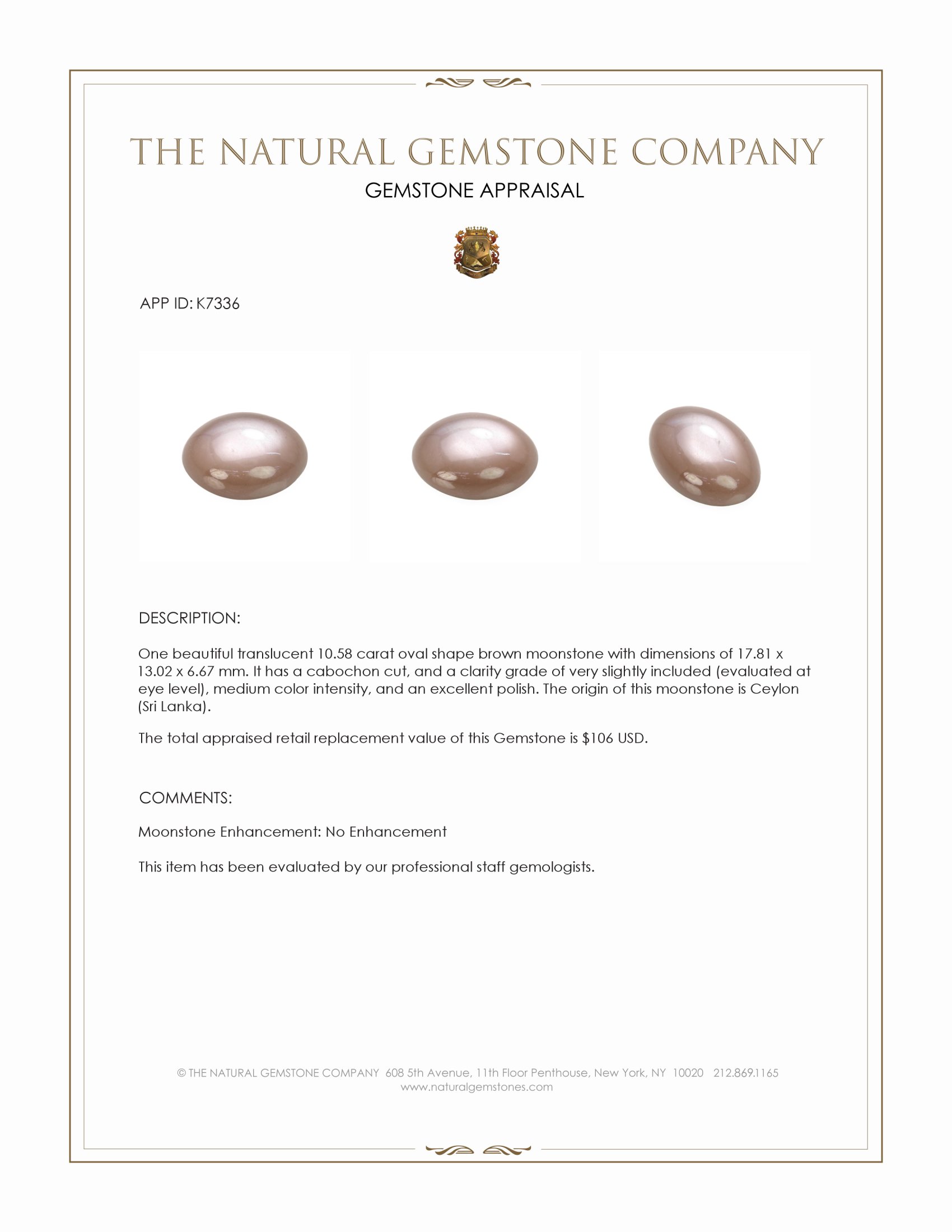 10.58 Ct. Brown Cabochon Moonstone from Ceylon (Sri Lanka)