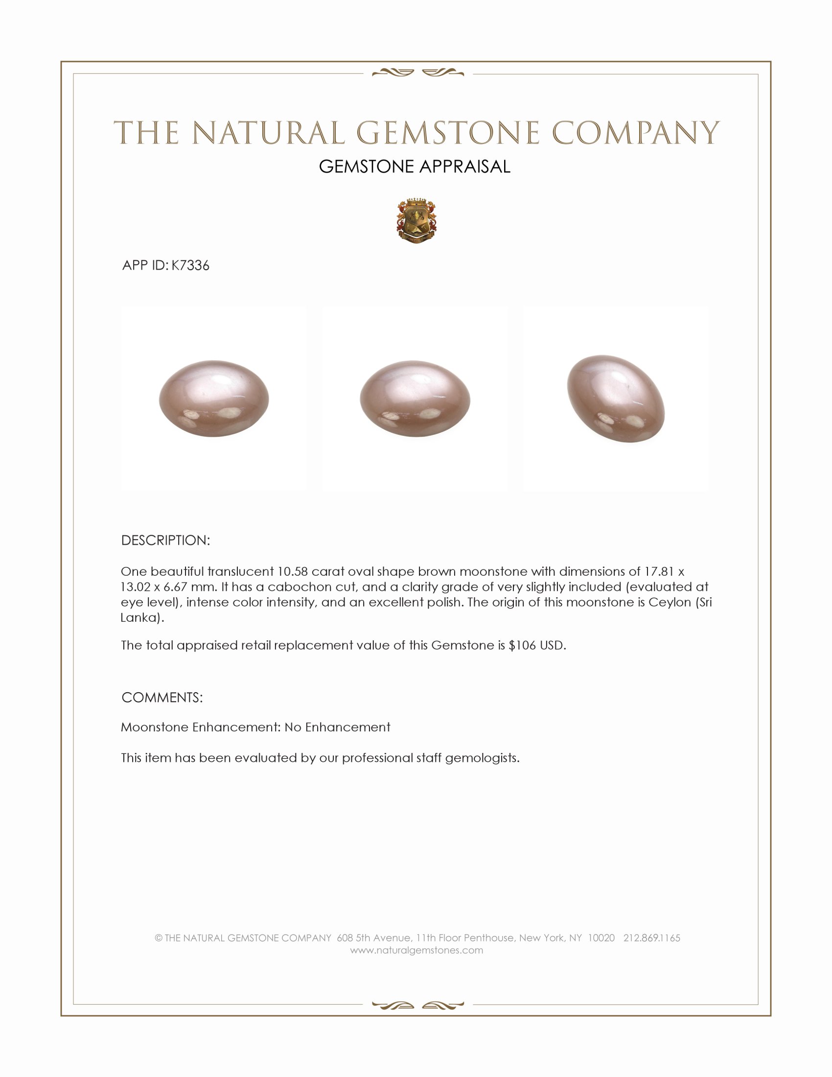 10.58 Ct. Cabochon Moonstone from Ceylon (Sri Lanka)