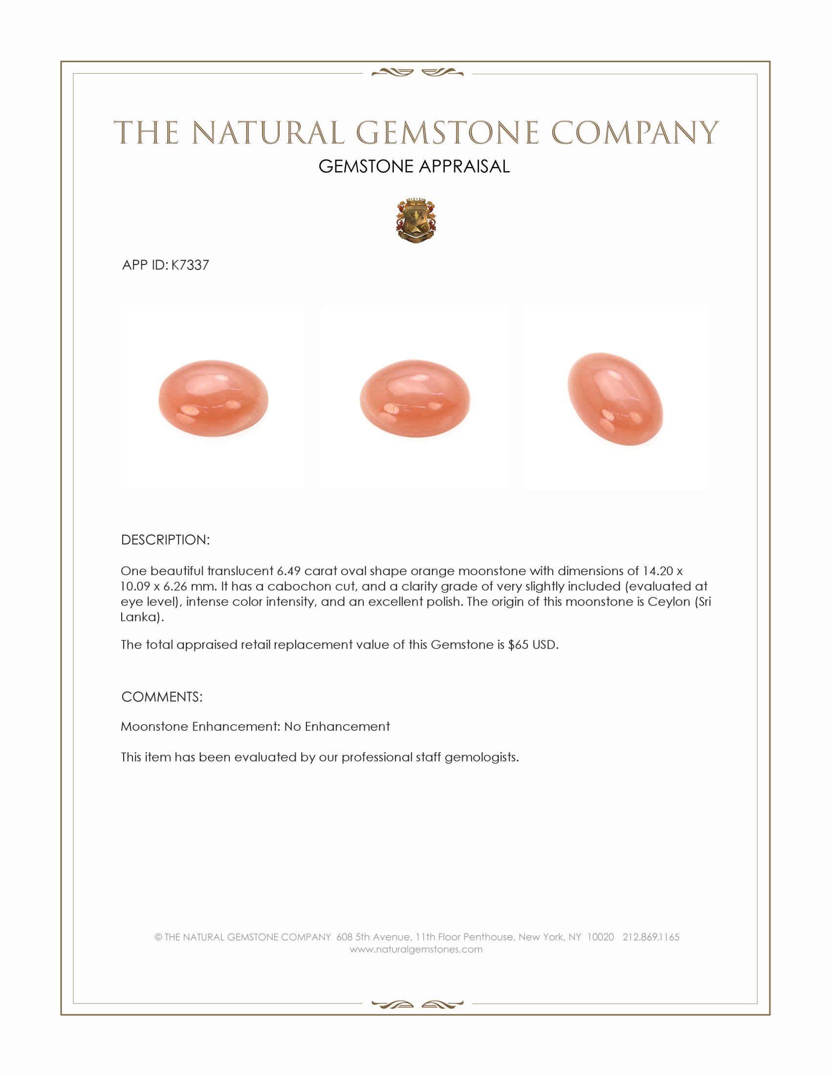 6.49 Ct. Orange Cabochon Moonstone from Ceylon (Sri Lanka)