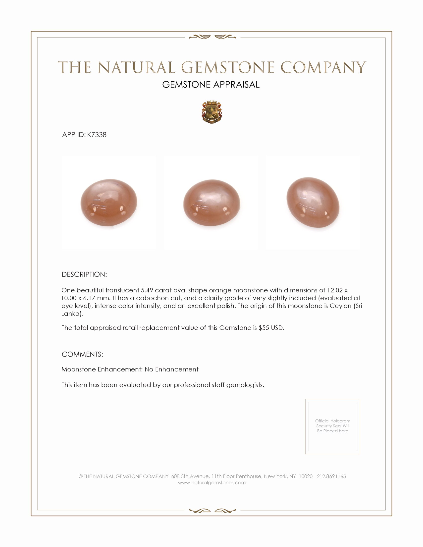 5.49 Ct. Cabochon Moonstone from Ceylon (Sri Lanka)