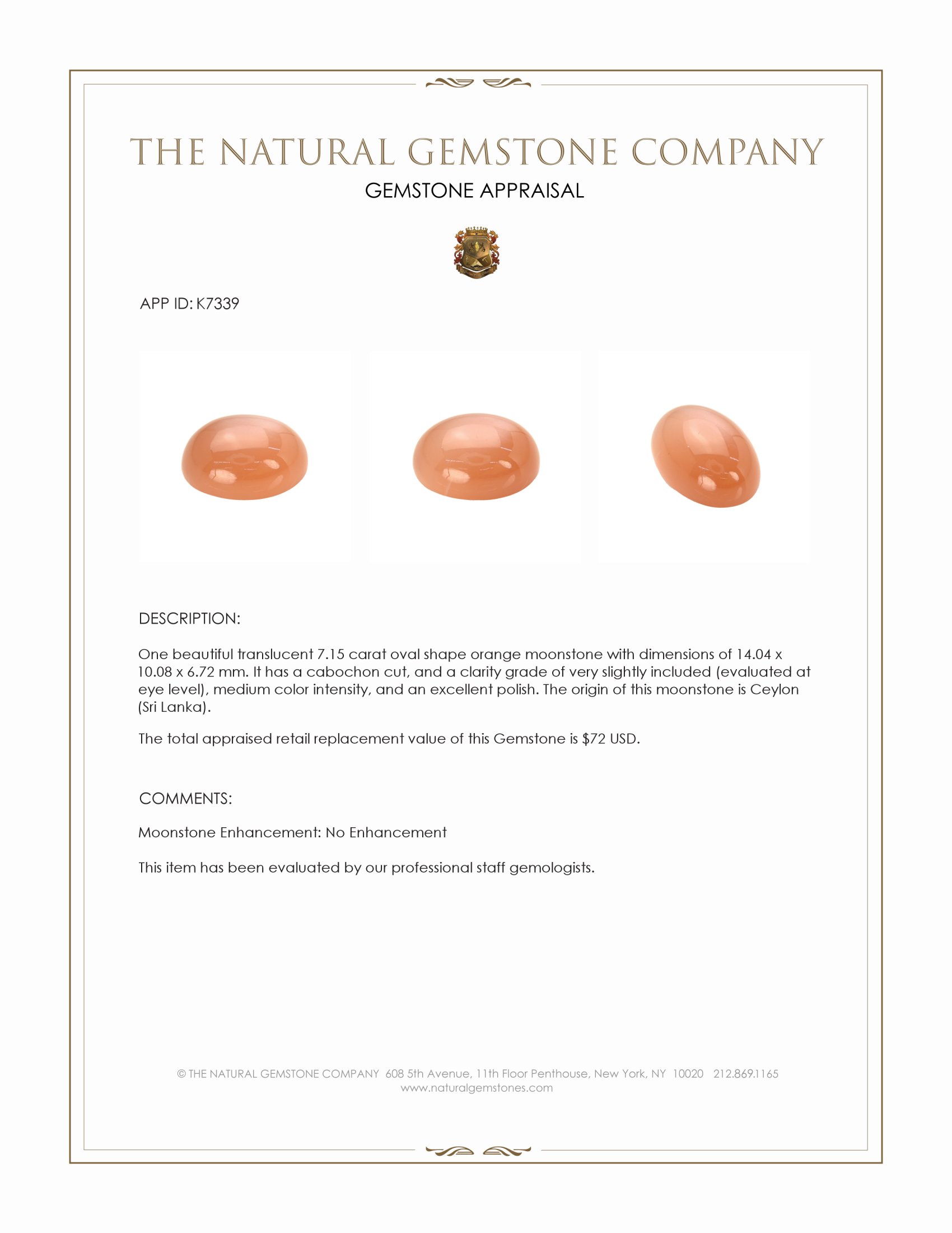 7.15 Ct. Orange Cabochon Moonstone from Ceylon (Sri Lanka)