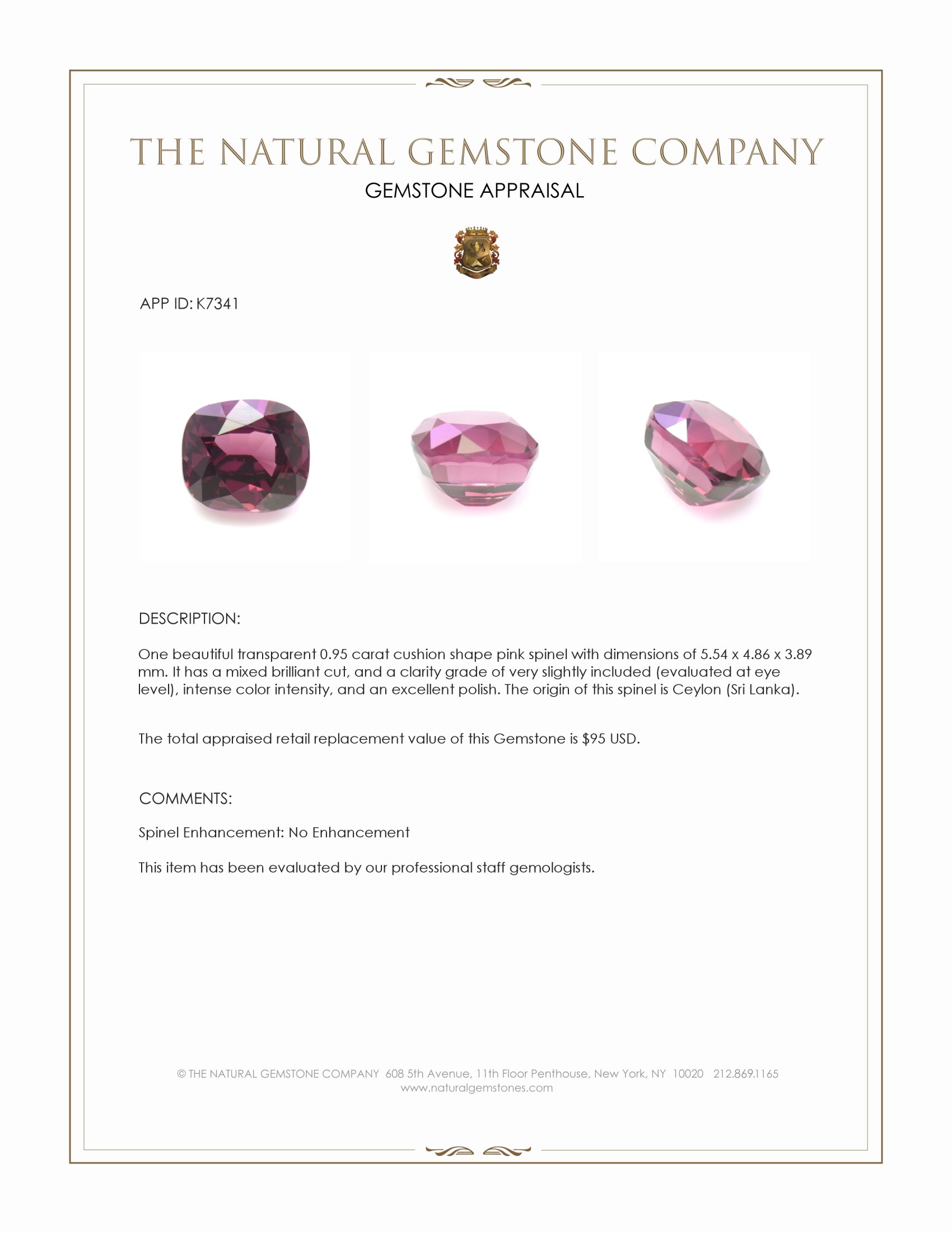 0.95 Ct. Pink Spinel from Ceylon (Sri Lanka)