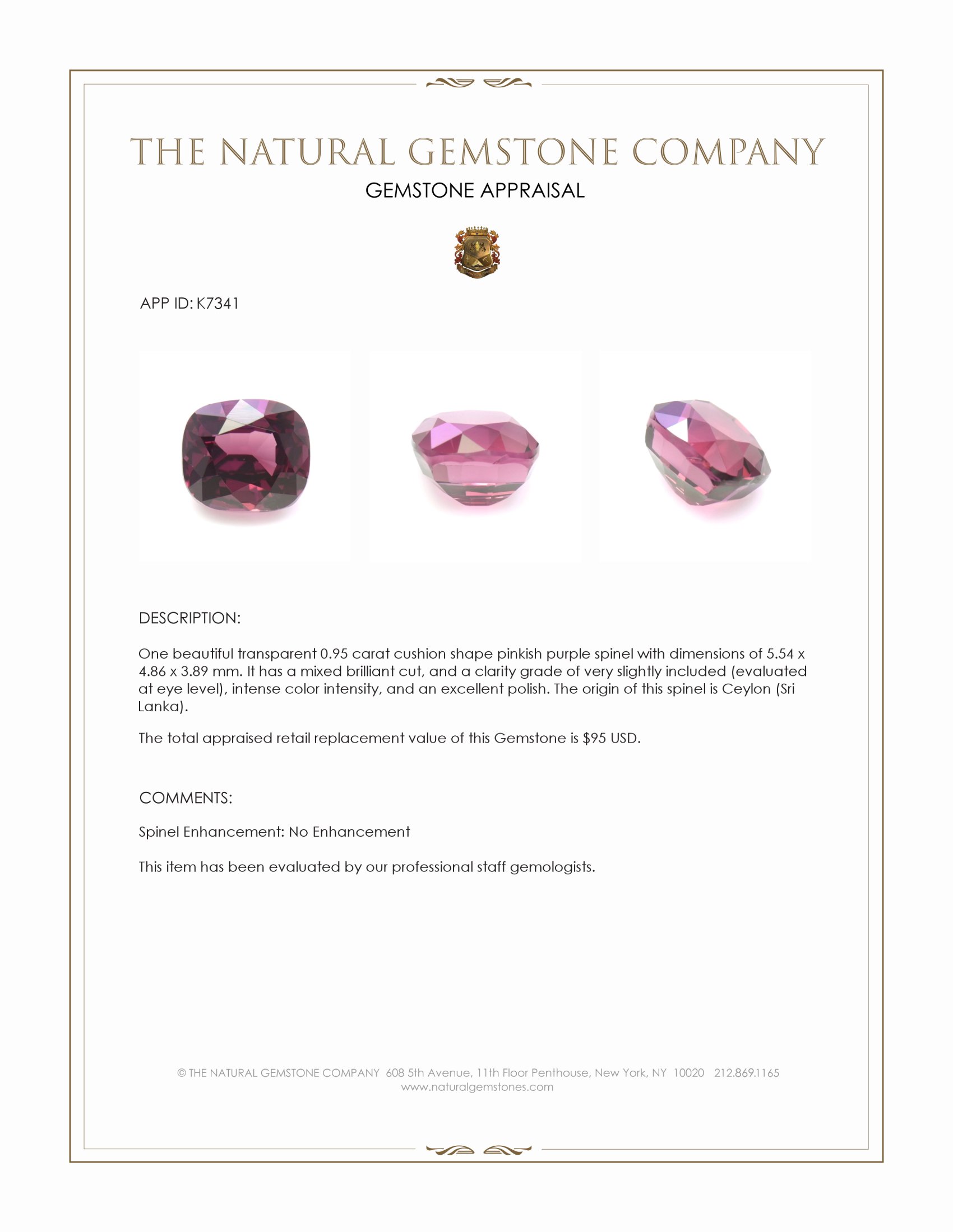 0.95 Ct. Pinkish Purple Spinel from Ceylon (Sri Lanka)