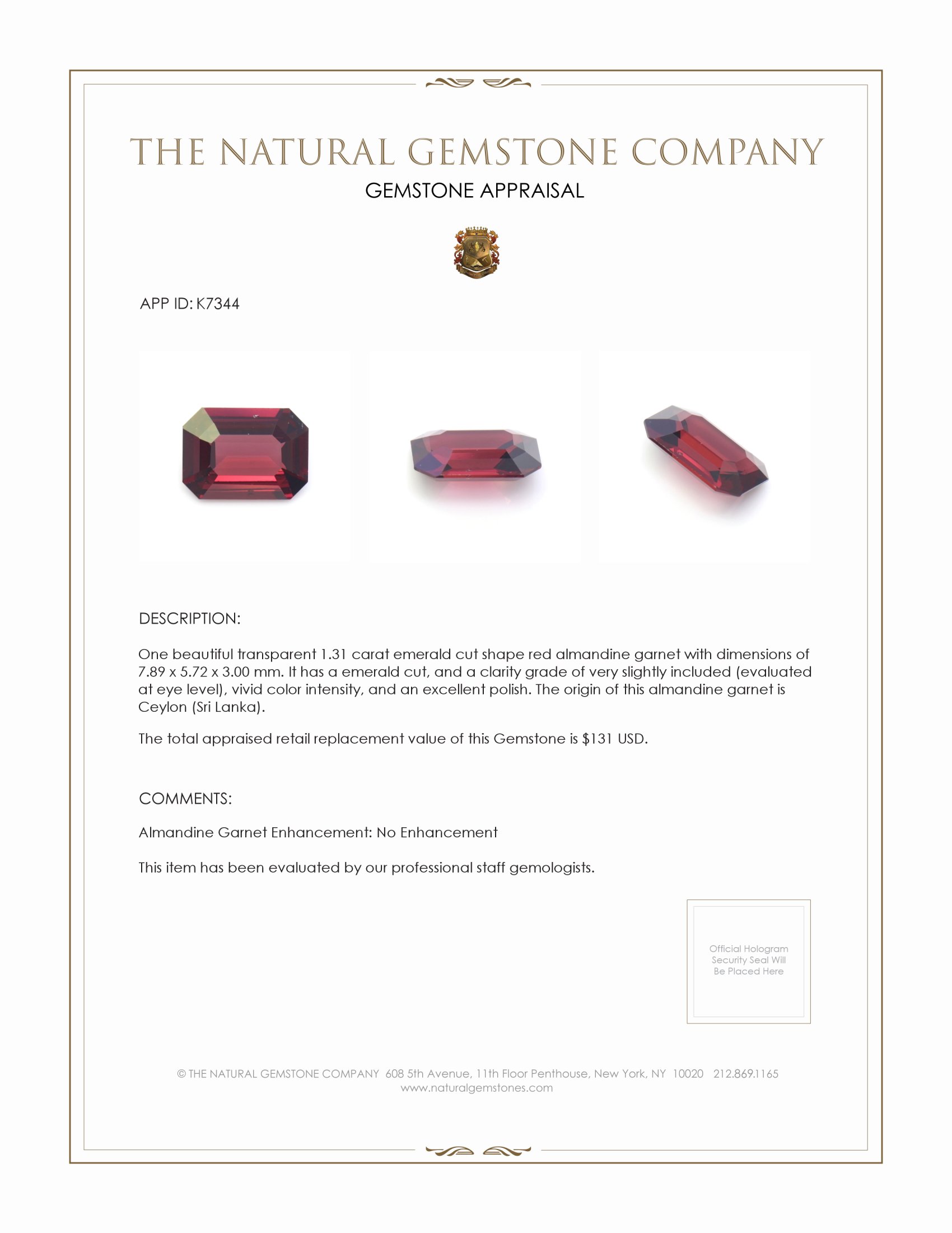 1.31 Ct. Almandine Garnet from Ceylon (Sri Lanka)