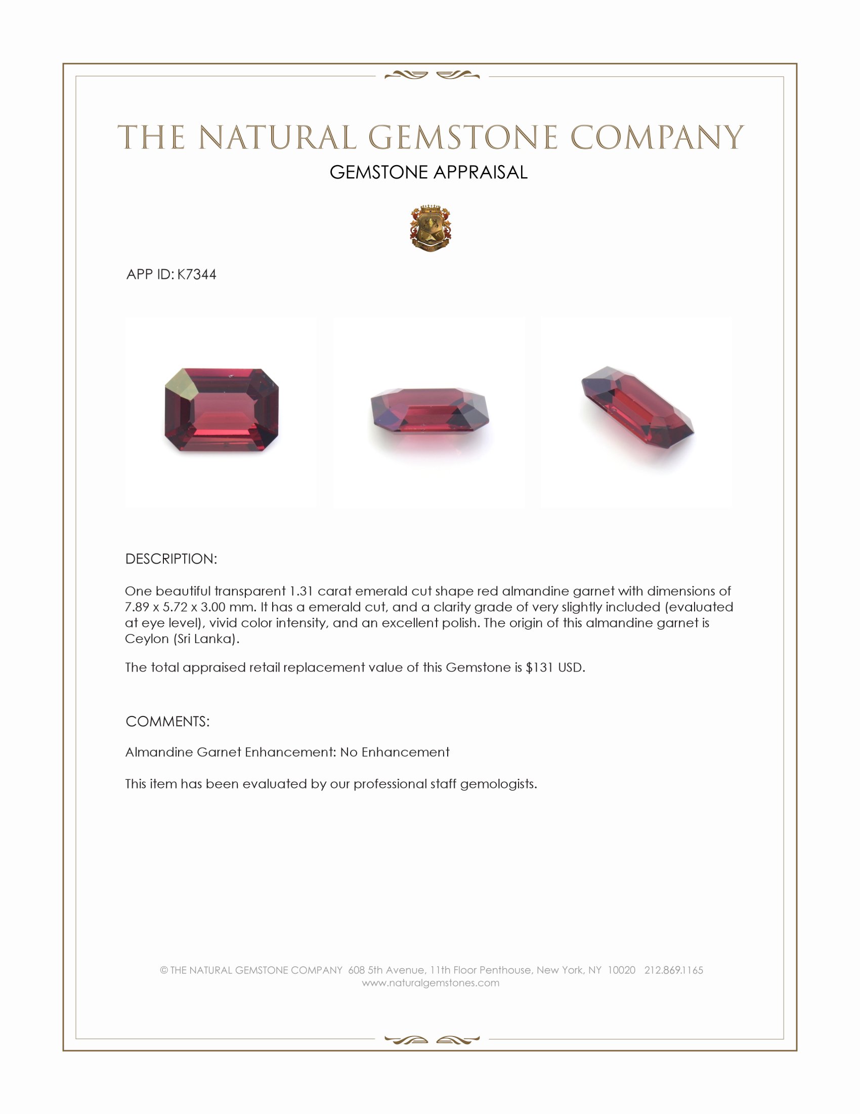 1.31 Ct. Almandine Garnet from Ceylon (Sri Lanka)