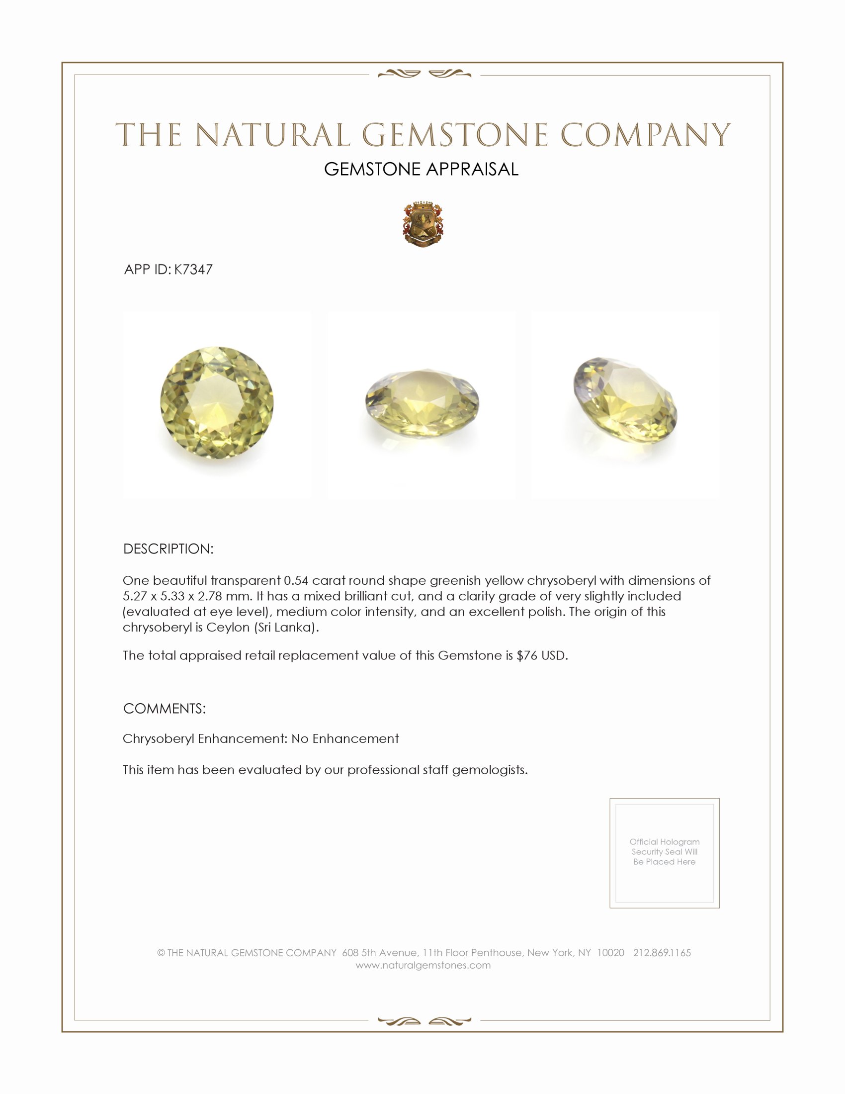 0.54 Ct. Greenish Yellow Chrysoberyl from Ceylon (Sri Lanka)