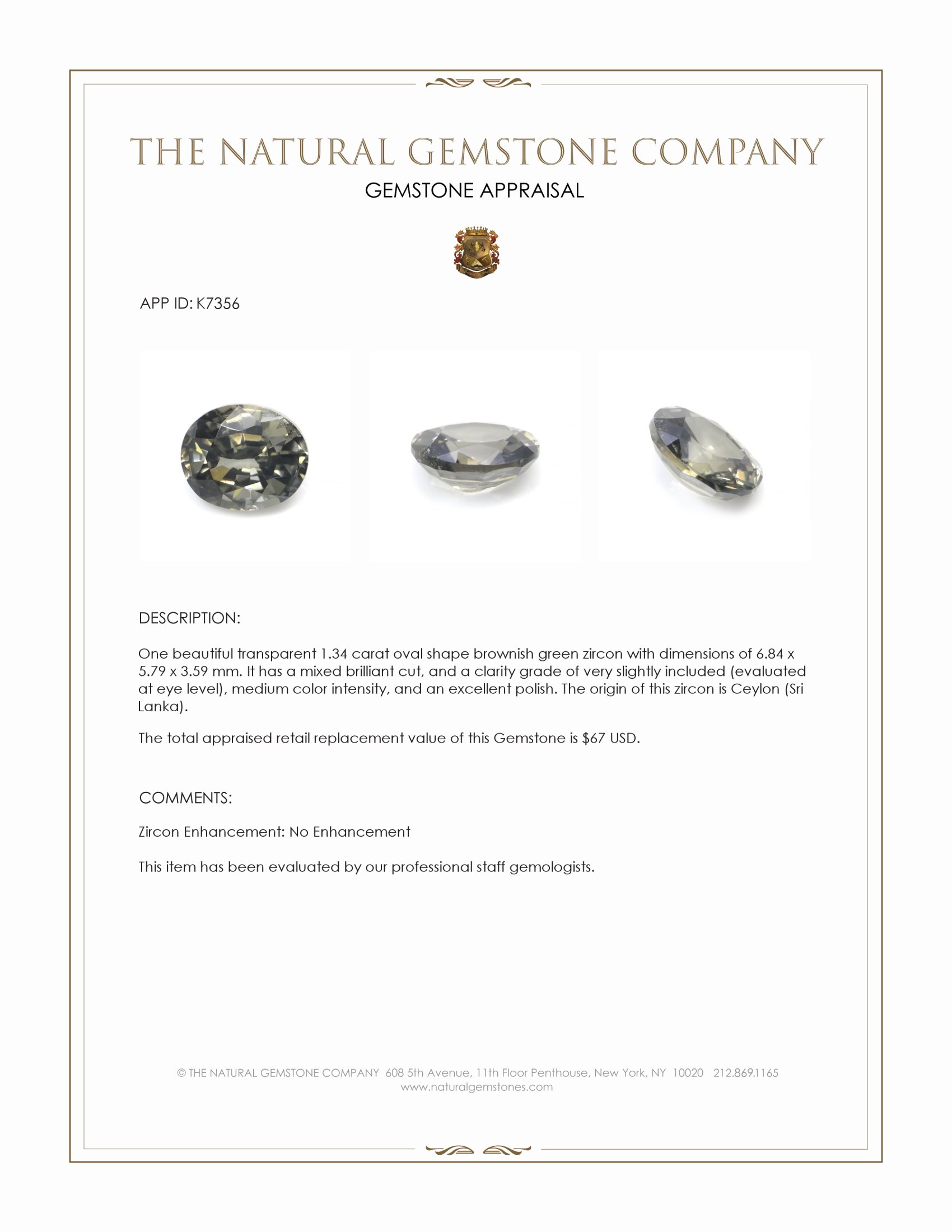 1.34 Ct. Brownish Green Zircon from Ceylon (Sri Lanka)