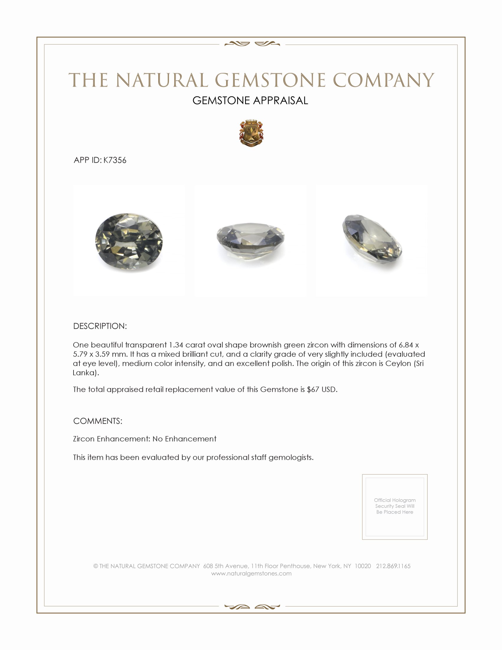 1.34 Ct. Zircon from Ceylon (Sri Lanka)