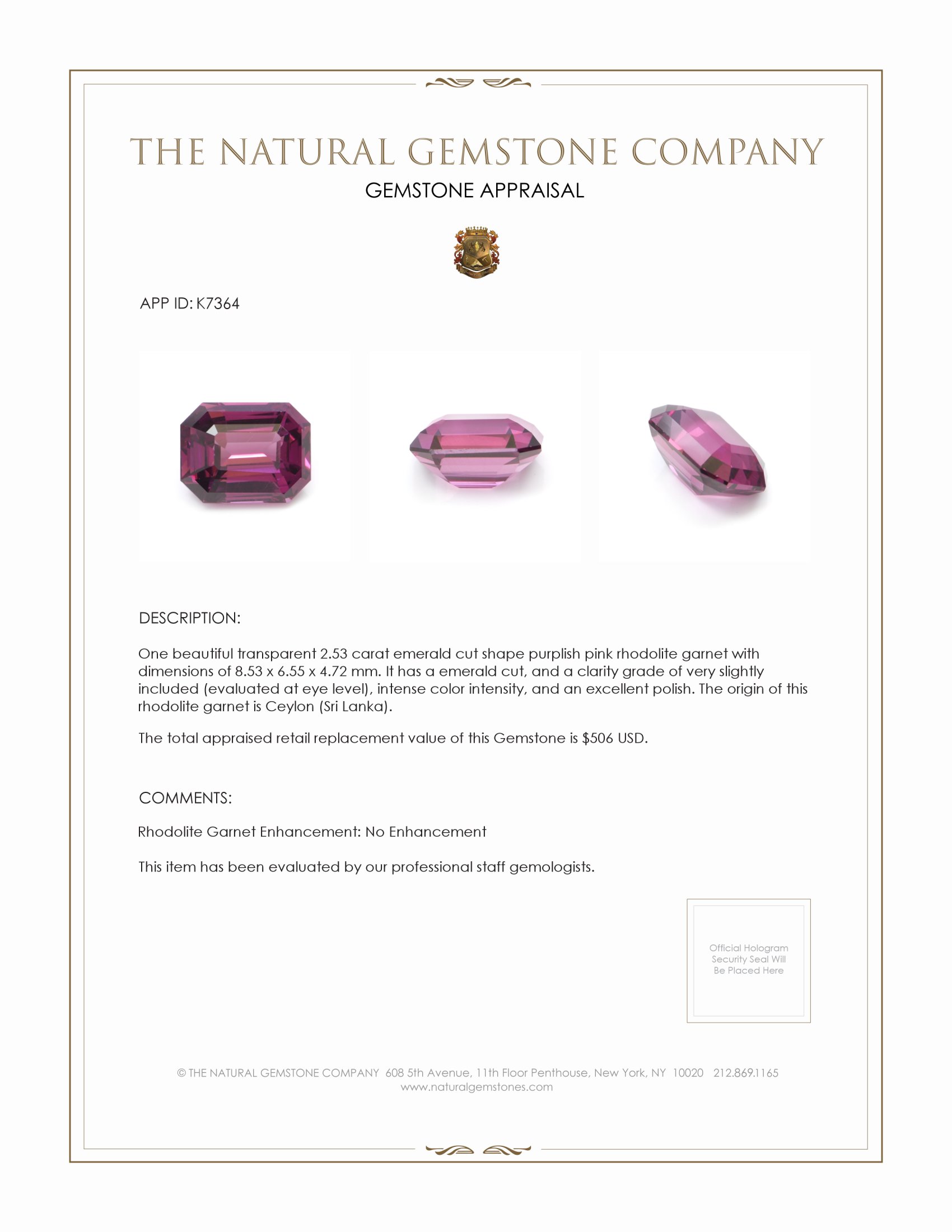 2.53 Ct. Rhodolite Garnet from Ceylon (Sri Lanka)