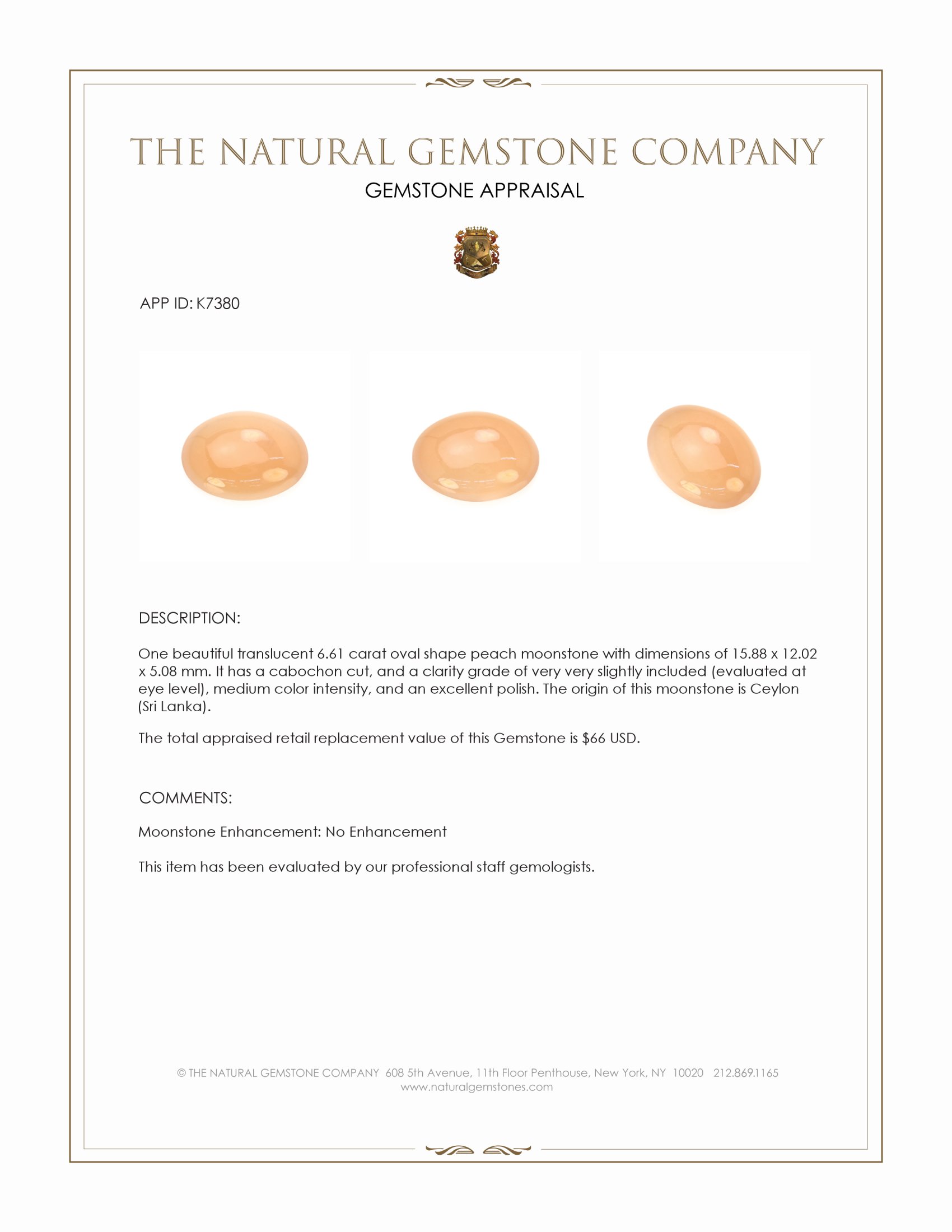 6.61 Ct. Peach Cabochon Moonstone from Ceylon (Sri Lanka)