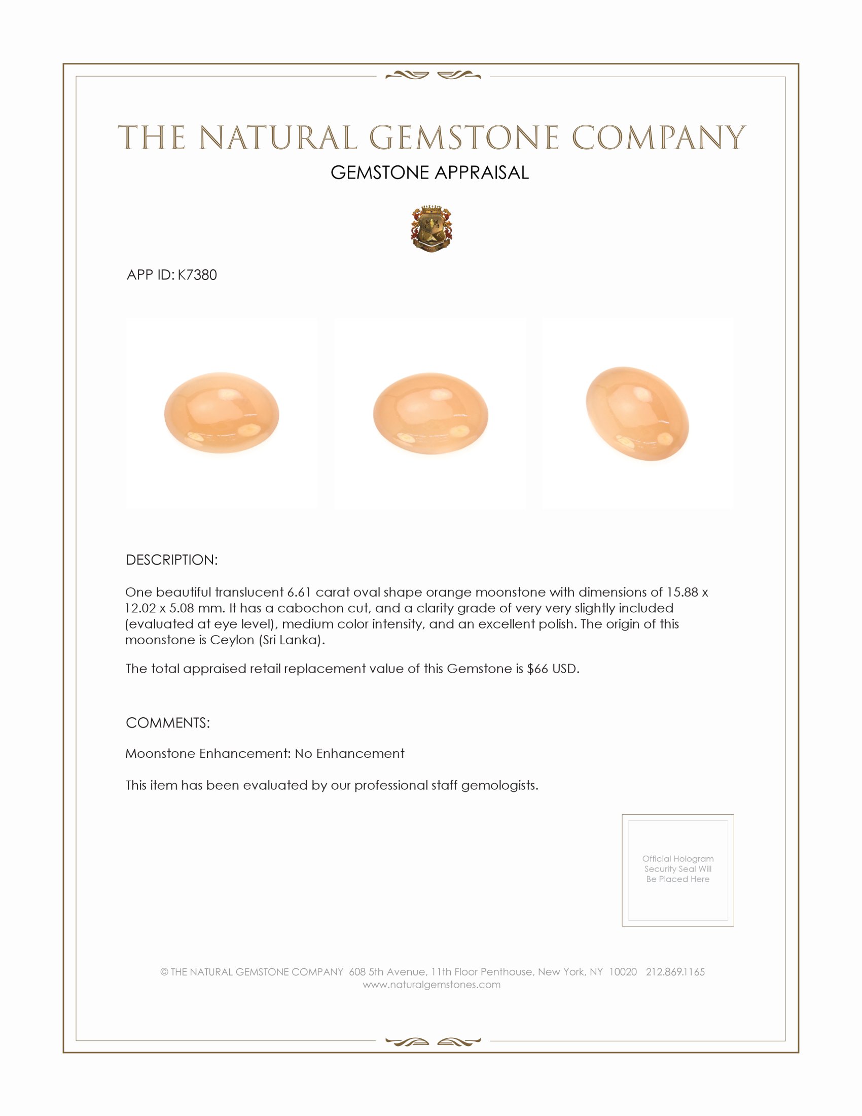 6.61 Ct. Cabochon Moonstone from Ceylon (Sri Lanka)