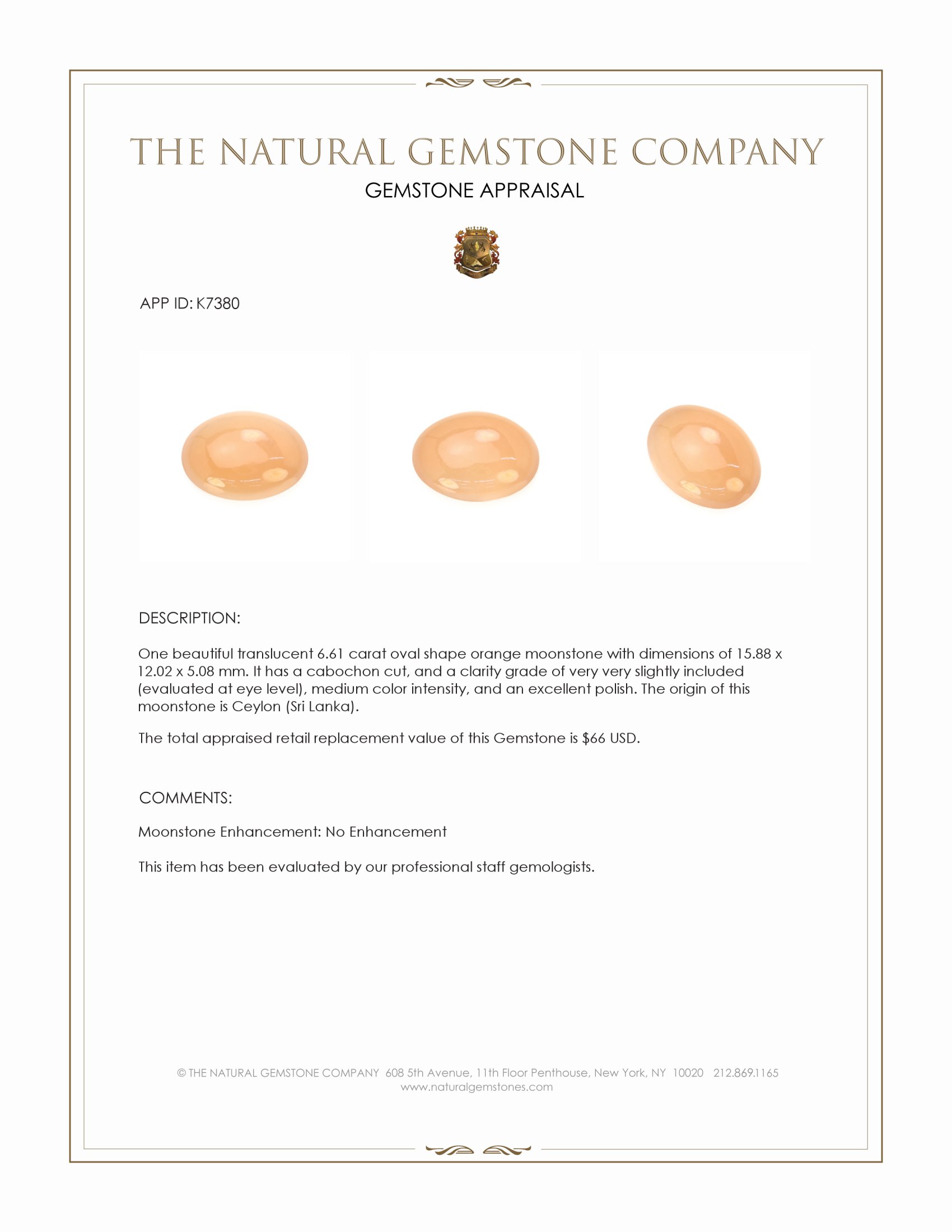 6.61 Ct. Cabochon Moonstone from Ceylon (Sri Lanka)