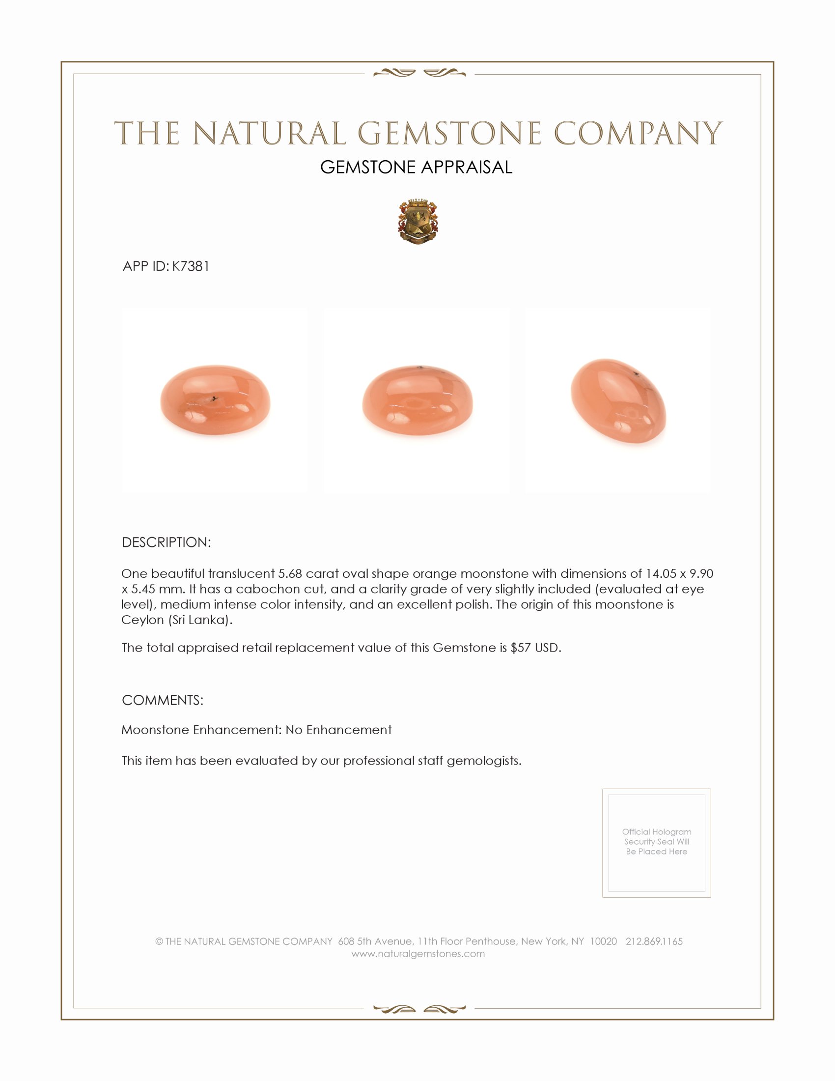 5.68 Ct. Cabochon Moonstone from Ceylon (Sri Lanka)