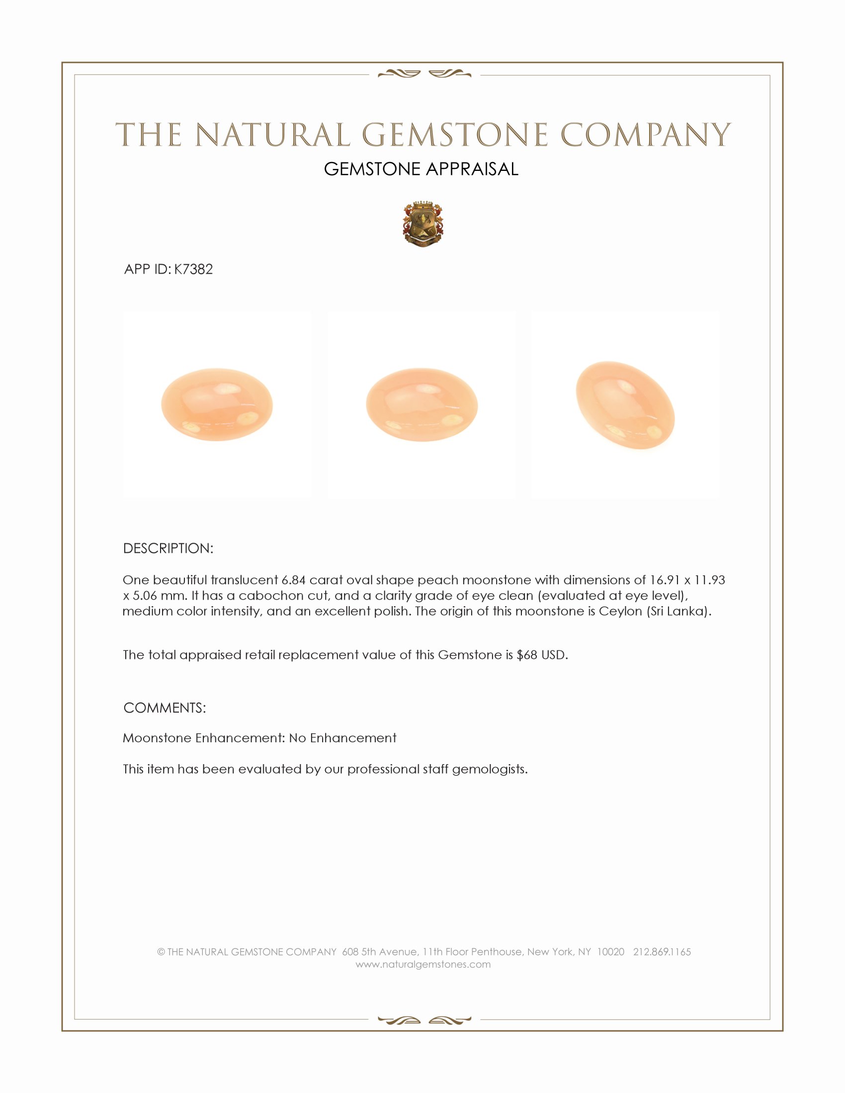 6.84 Ct. Peach Cabochon Moonstone from Ceylon (Sri Lanka)