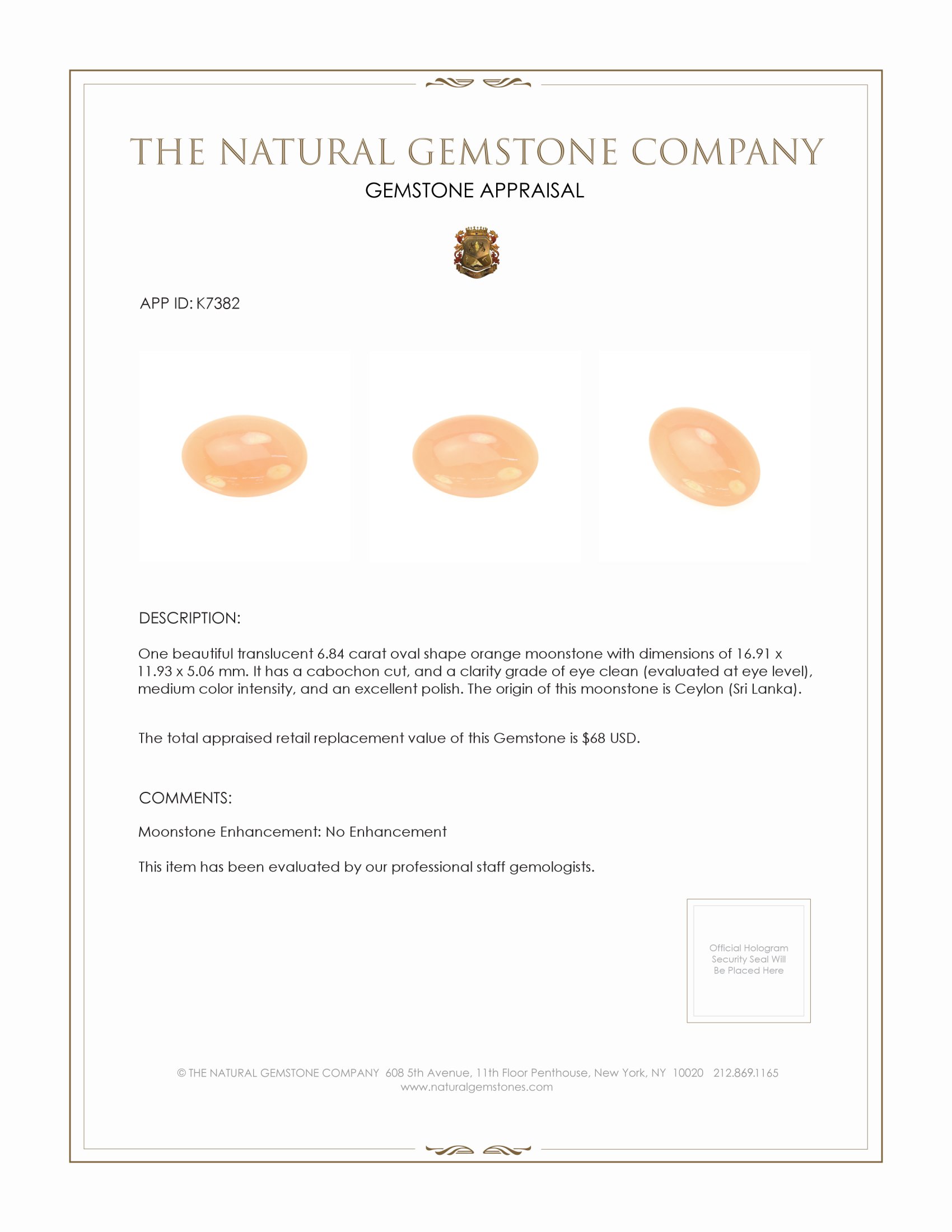 6.84 Ct. Cabochon Moonstone from Ceylon (Sri Lanka)