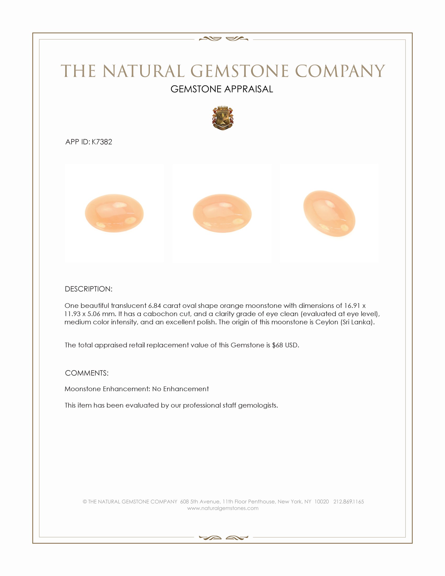 6.84 Ct. Cabochon Moonstone from Ceylon (Sri Lanka)