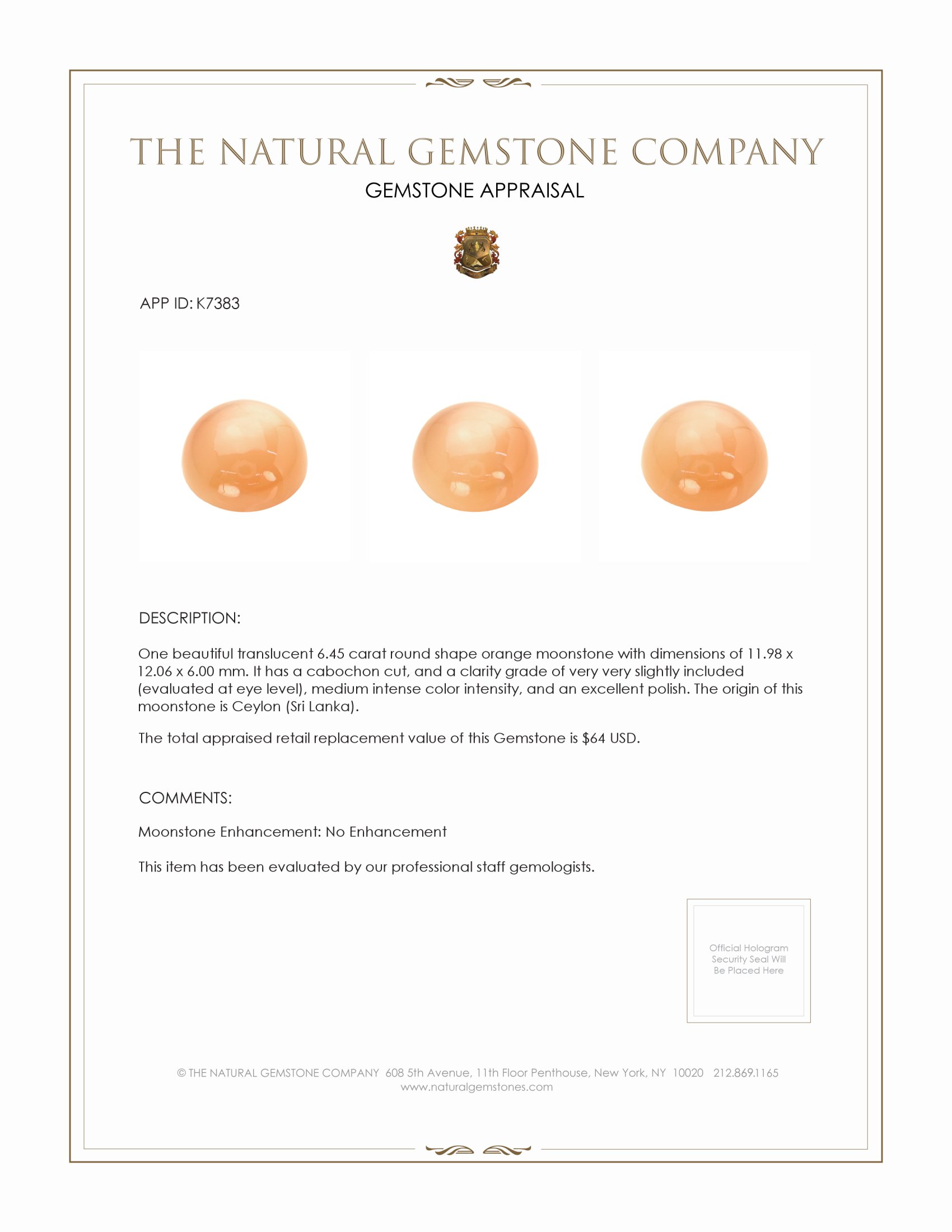 6.45 Ct. Cabochon Moonstone from Ceylon (Sri Lanka)