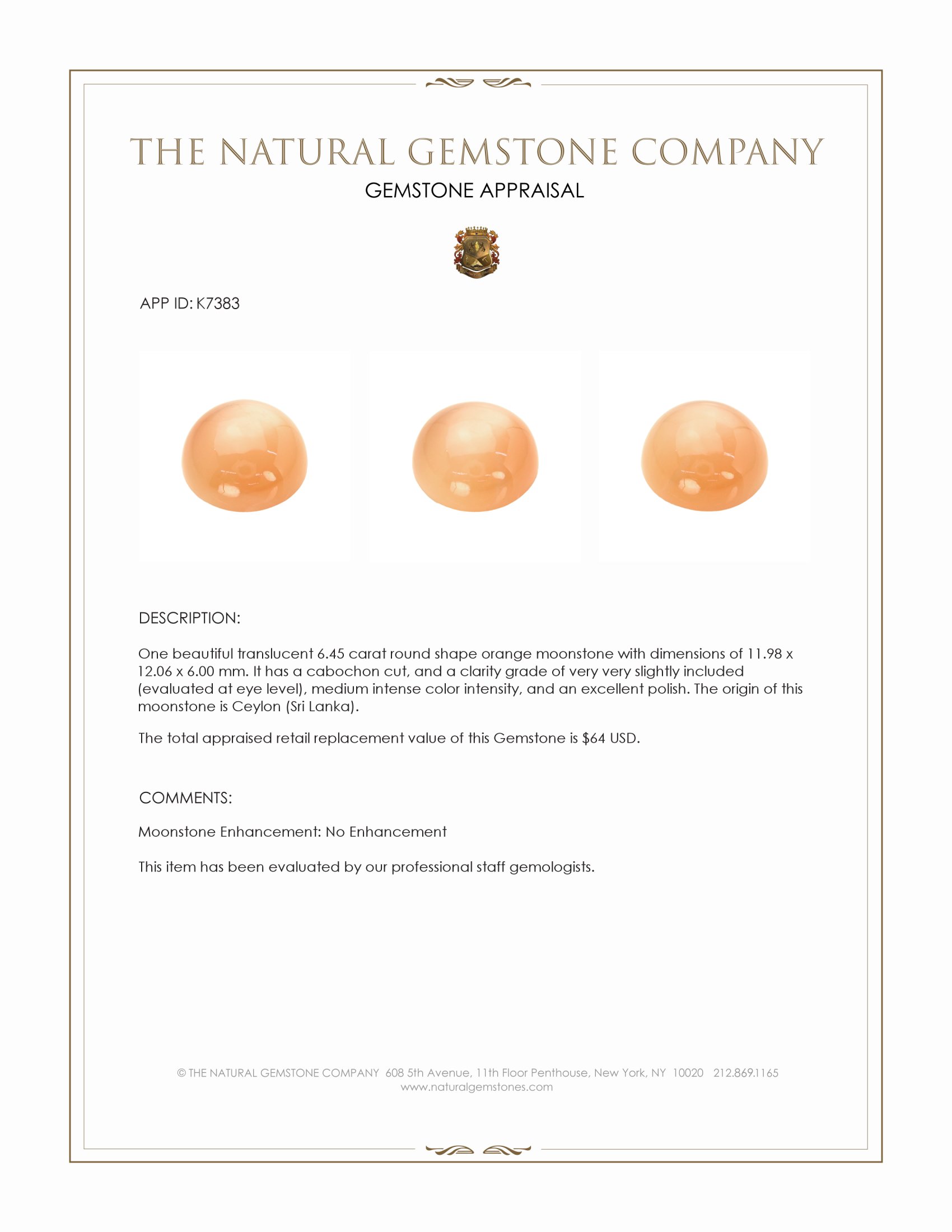 6.45 Ct. Cabochon Moonstone from Ceylon (Sri Lanka)