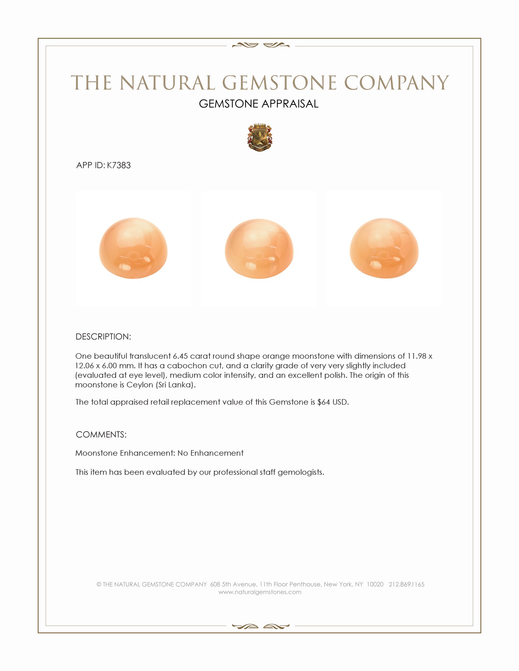 6.45 Ct. Cabochon Moonstone from Ceylon (Sri Lanka)