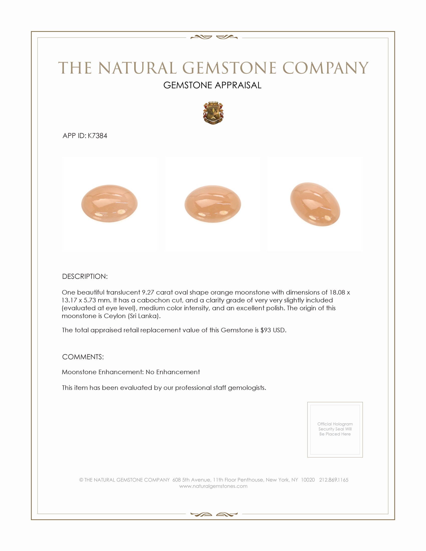 9.27 Ct. Cabochon Moonstone from Ceylon (Sri Lanka)