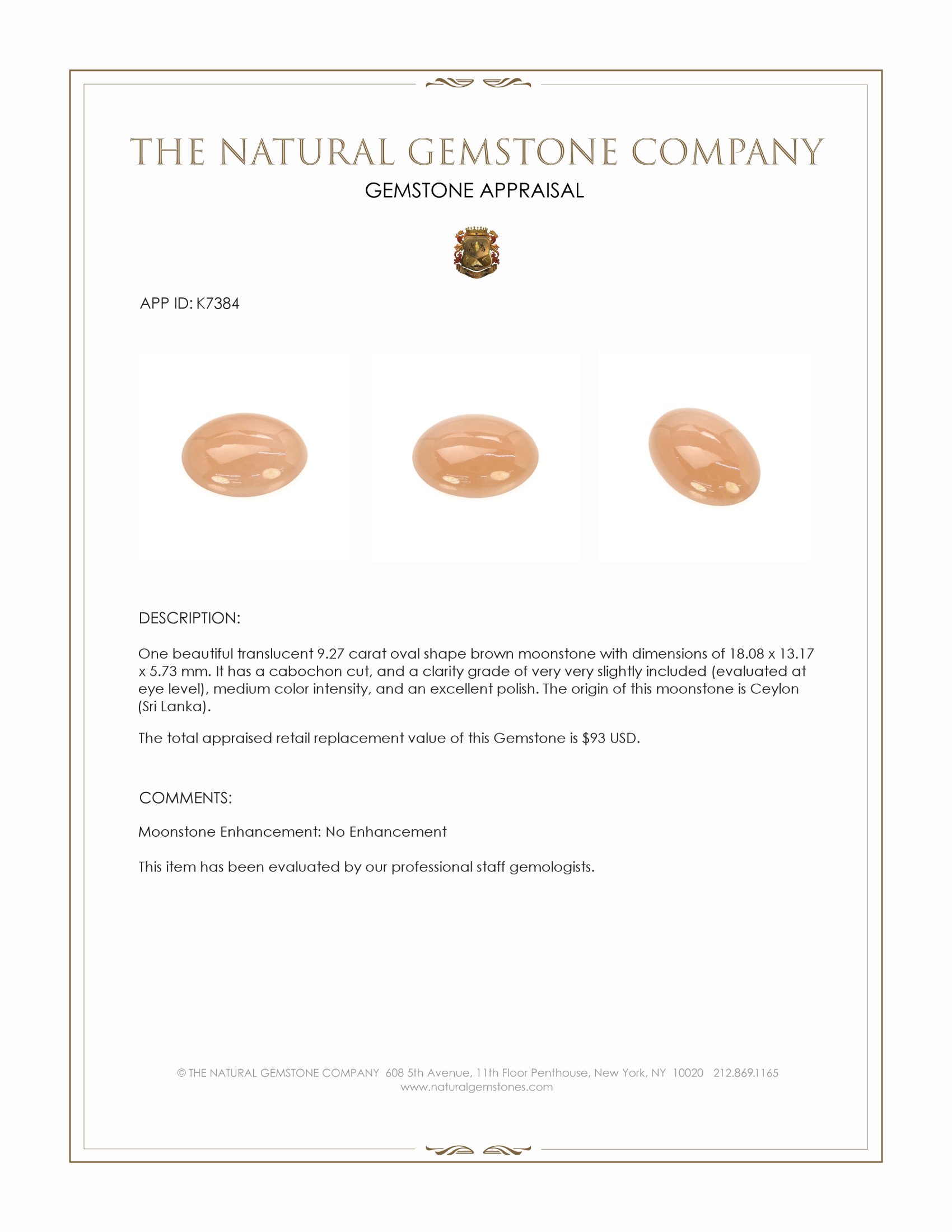 9.27 Ct. Brown Cabochon Moonstone from Ceylon (Sri Lanka)