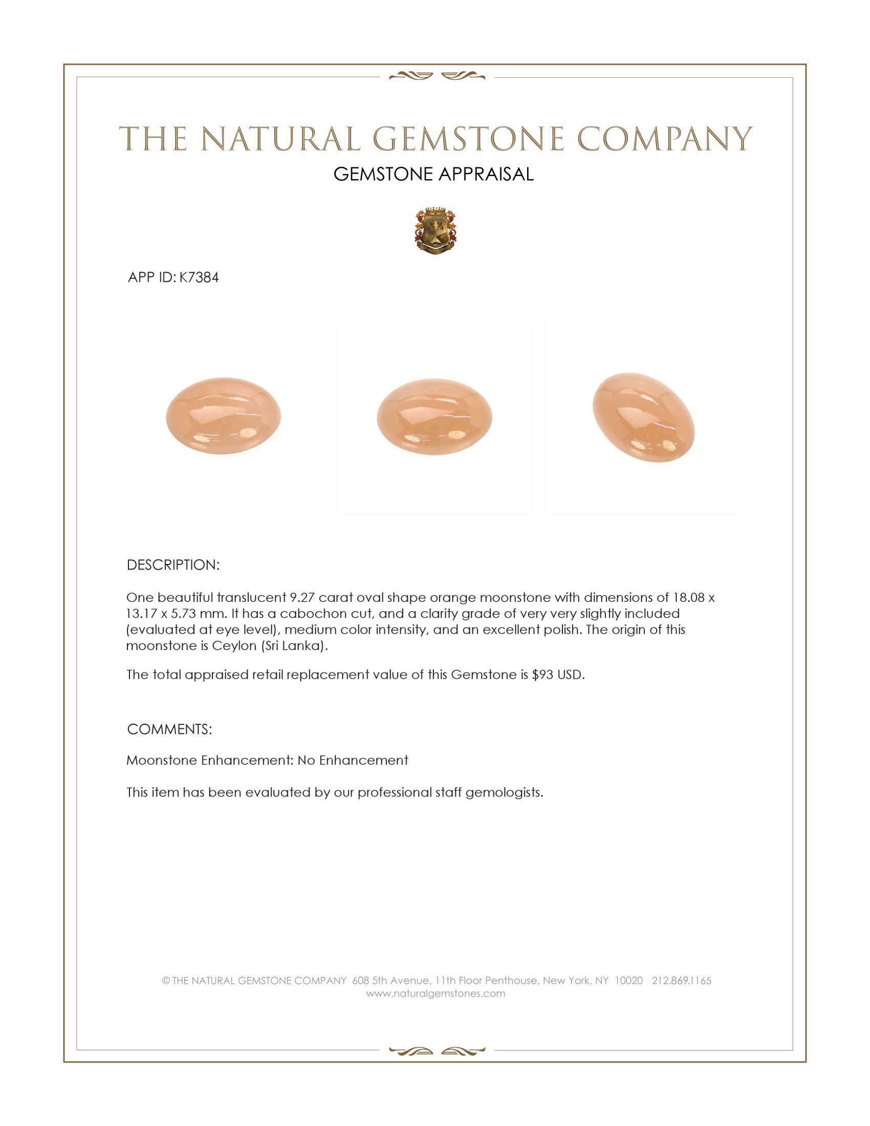 9.27 Ct. Cabochon Moonstone from Ceylon (Sri Lanka)