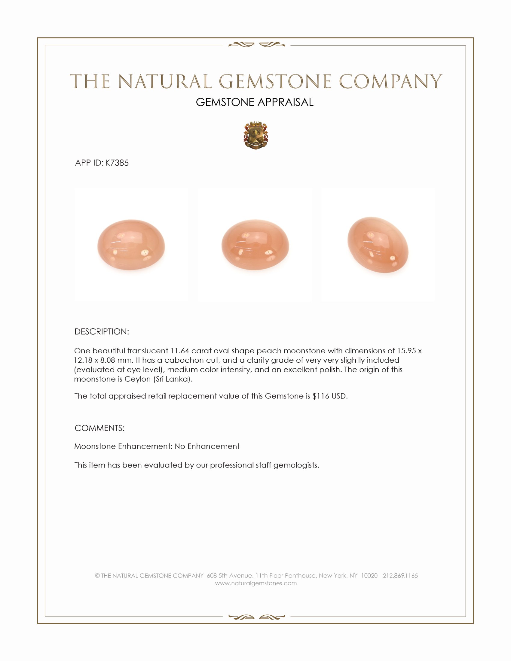 11.64 Ct. Peach Cabochon Moonstone from Ceylon (Sri Lanka)