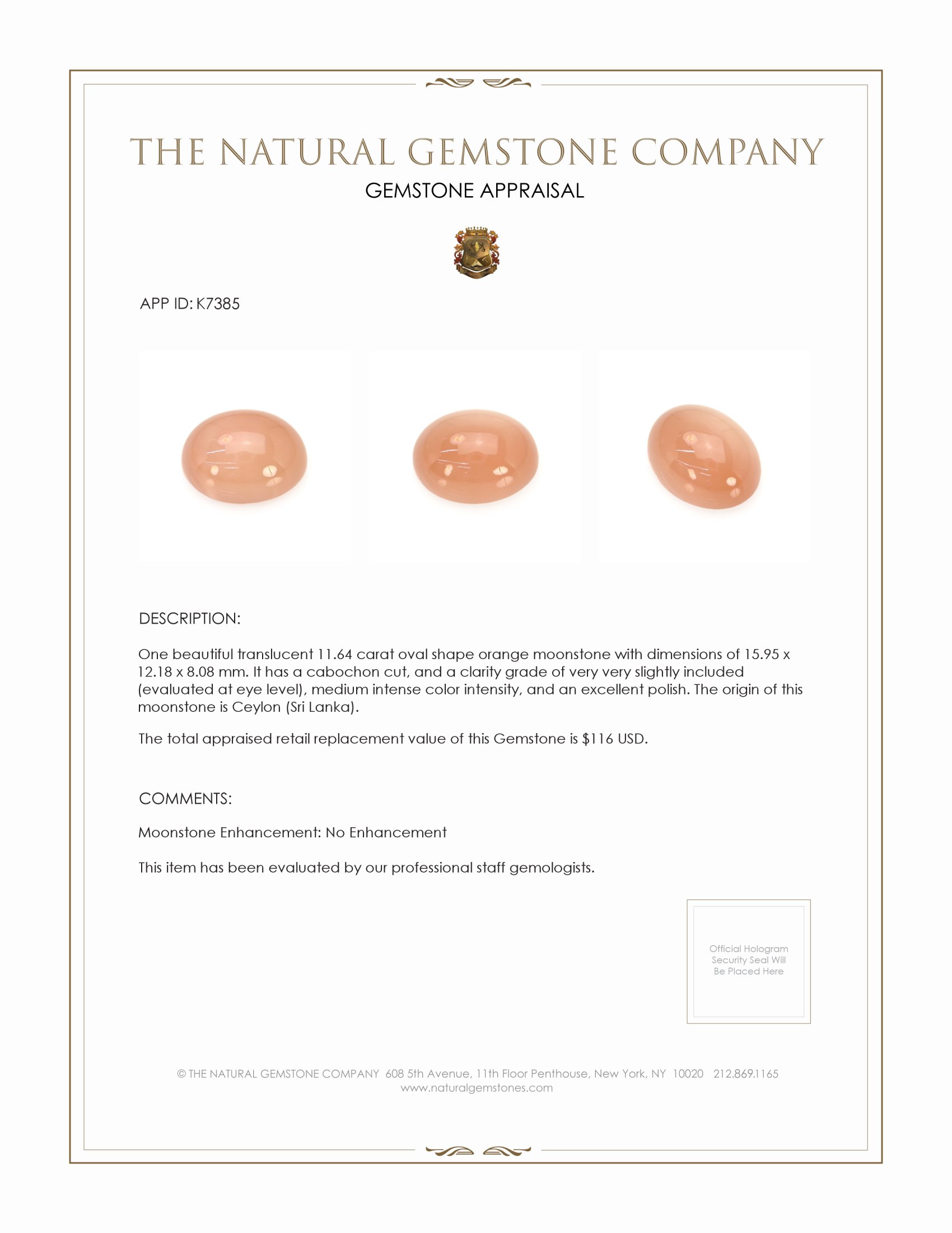 11.64 Ct. Cabochon Moonstone from Ceylon (Sri Lanka)