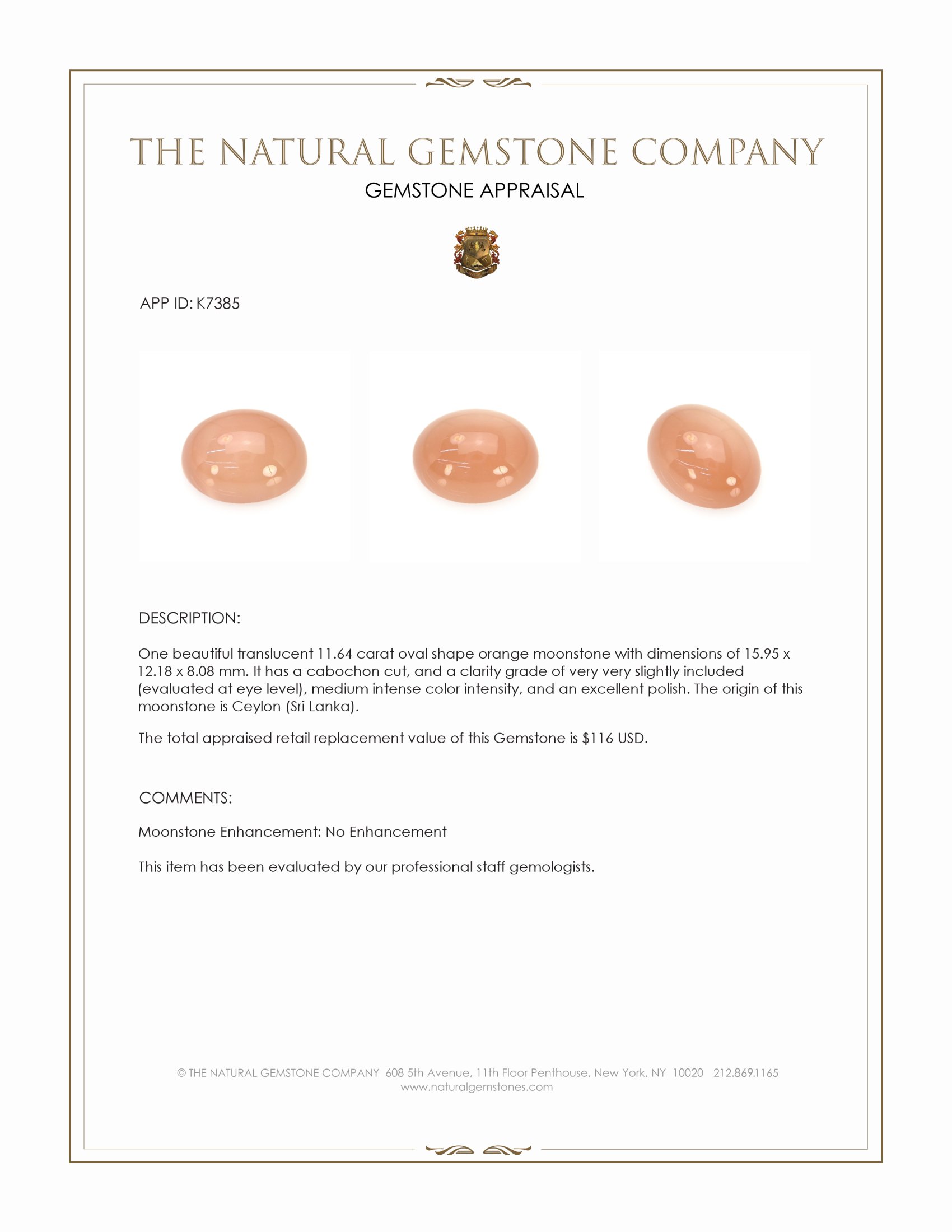 11.64 Ct. Cabochon Moonstone from Ceylon (Sri Lanka)