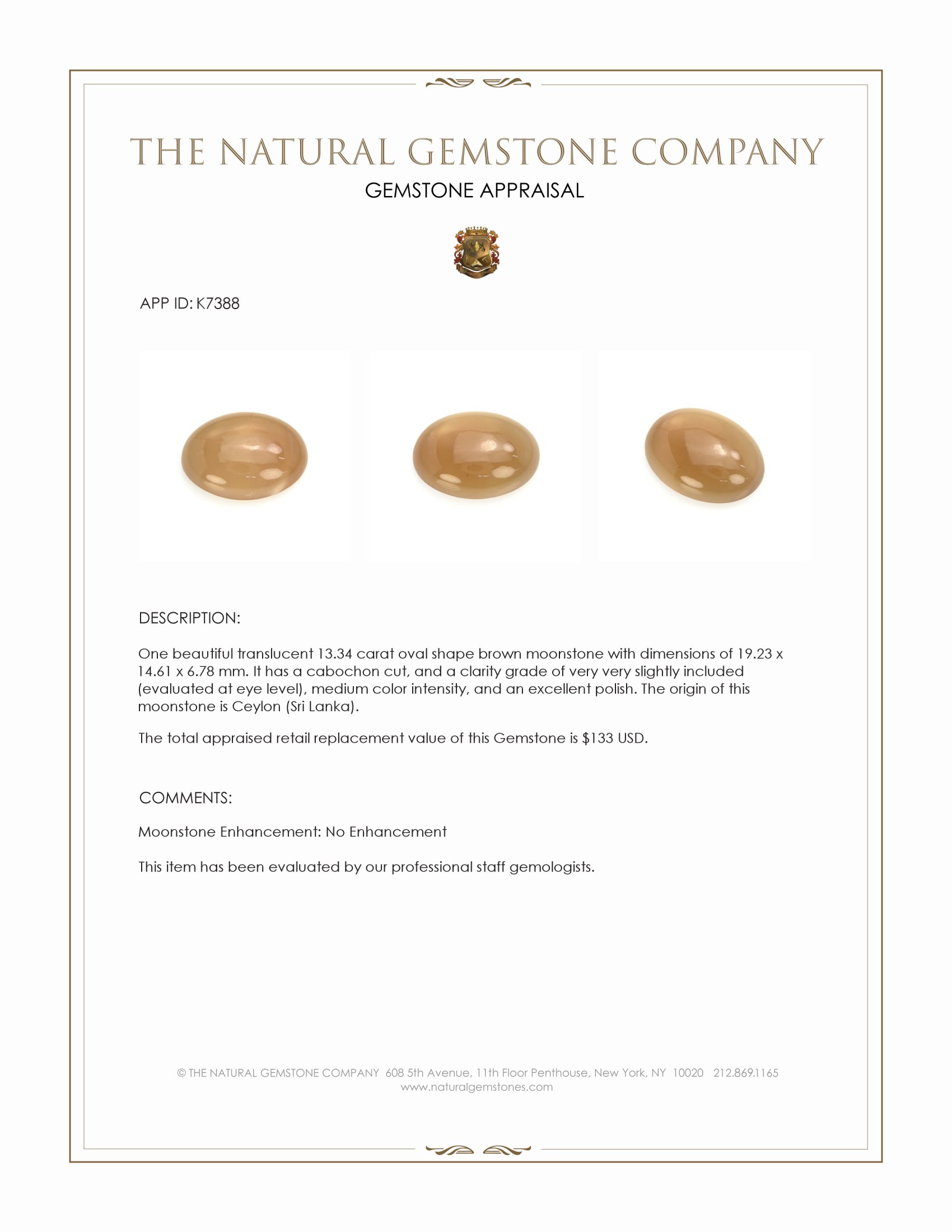 13.34 Ct. Cabochon Moonstone from Ceylon (Sri Lanka)