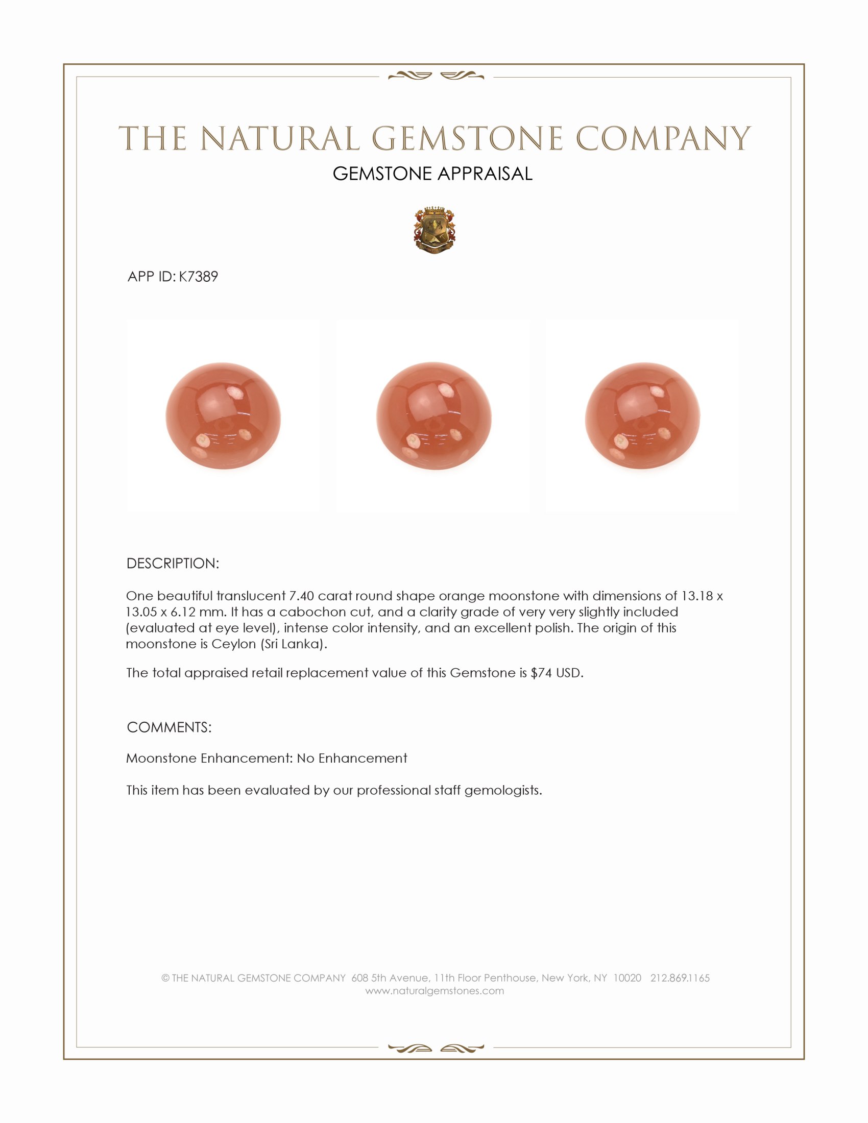 7.40 Ct. Orange Cabochon Moonstone from Ceylon (Sri Lanka)