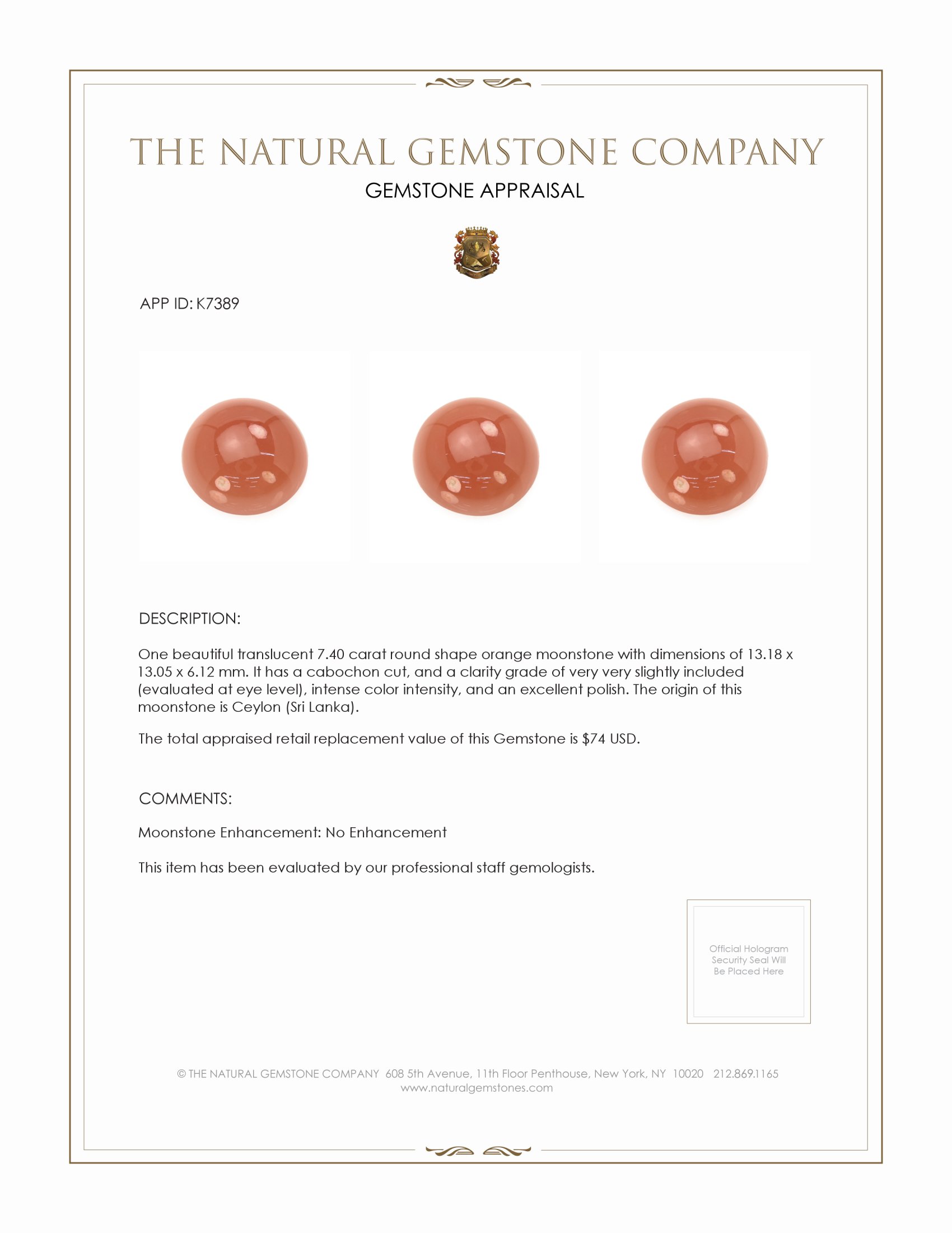 7.40 Ct. Cabochon Moonstone from Ceylon (Sri Lanka)