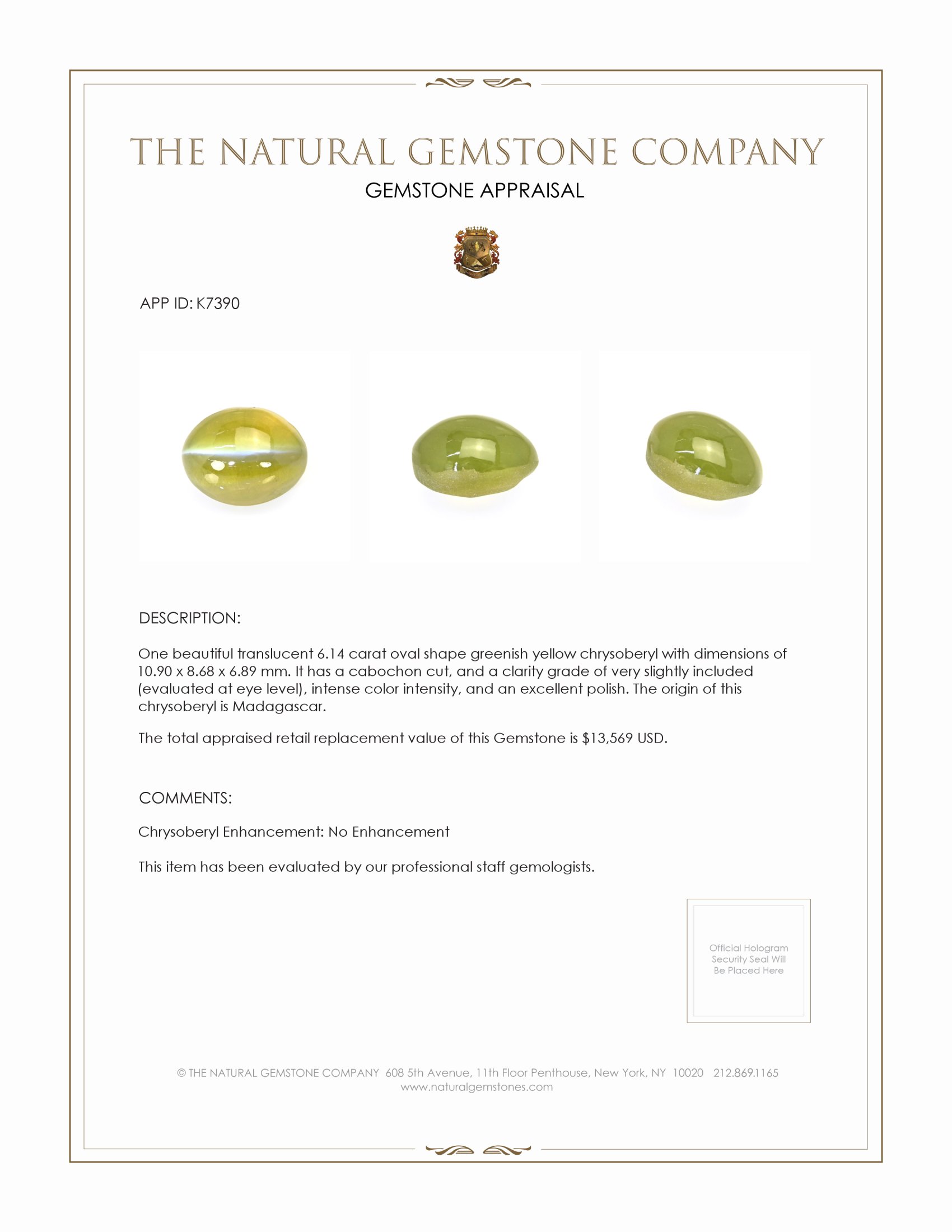 6.14 Ct. Greenish Yellow Cabochon Cat’s Eye Chrysoberyl from Madagascar