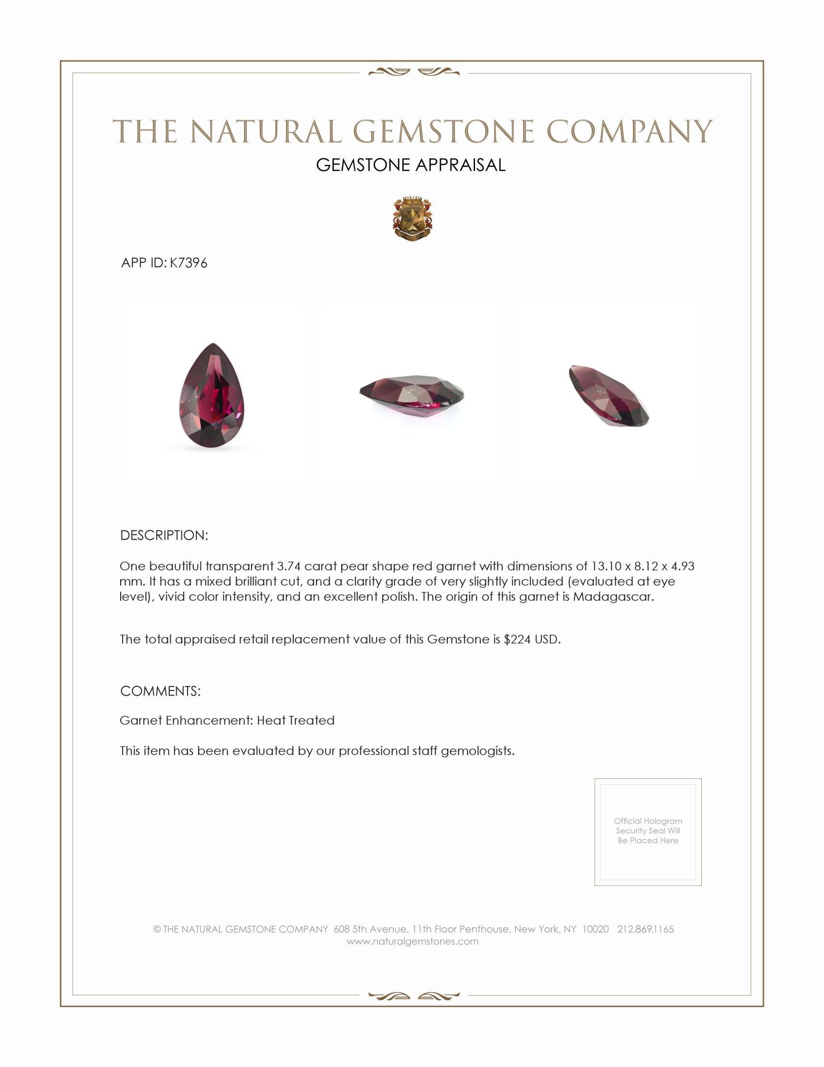 3.74 Ct. Garnet from Madagascar