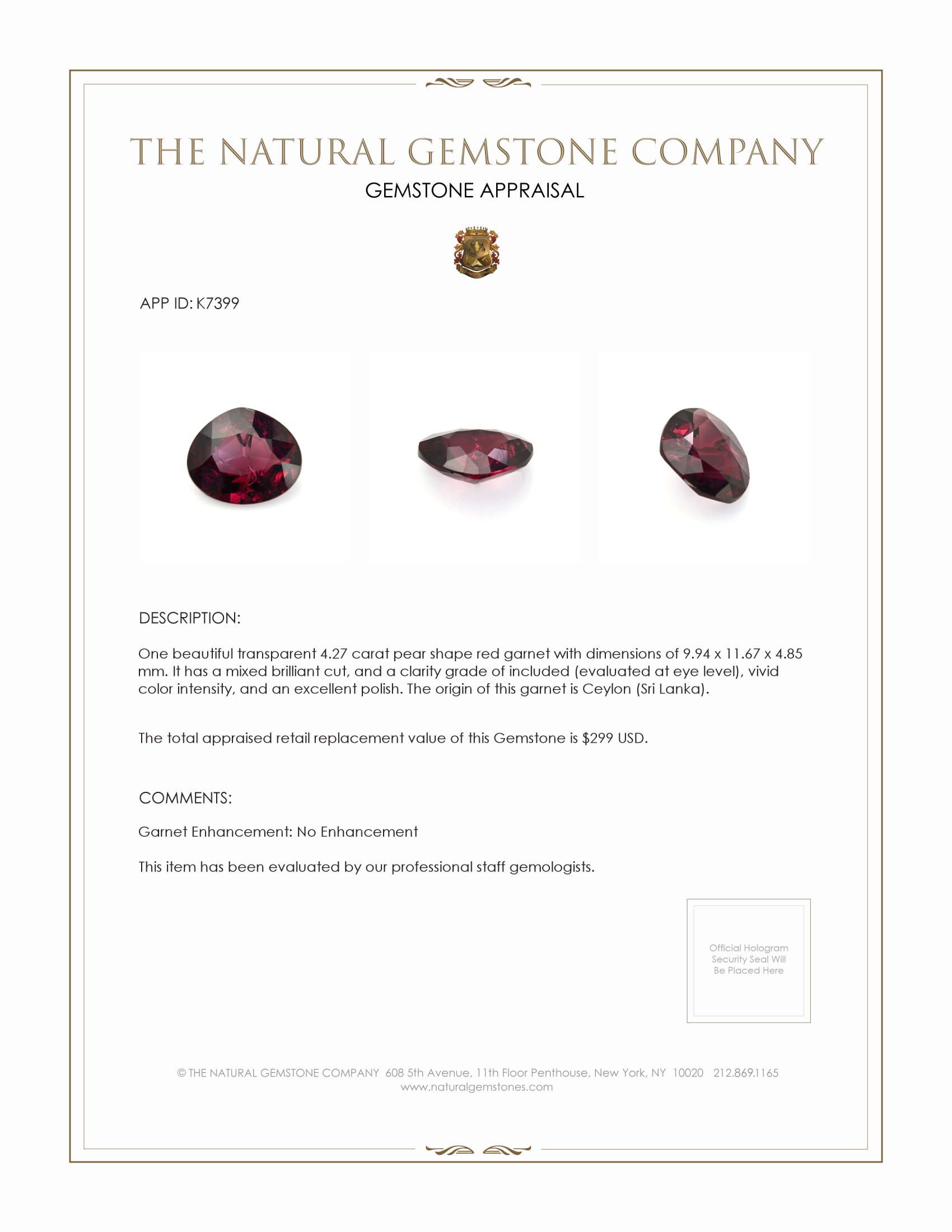4.27 Ct. Red Garnet from Ceylon (Sri Lanka)